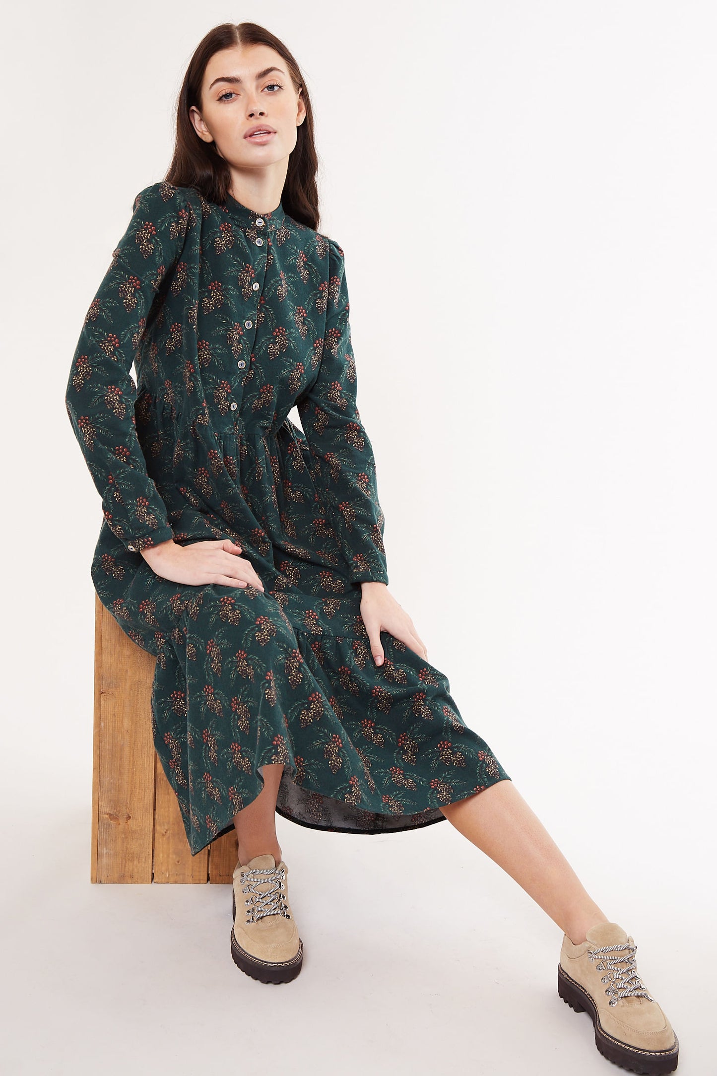 Louche Macha Pine Cone Print Long Sleeved Tiered Midi Dress