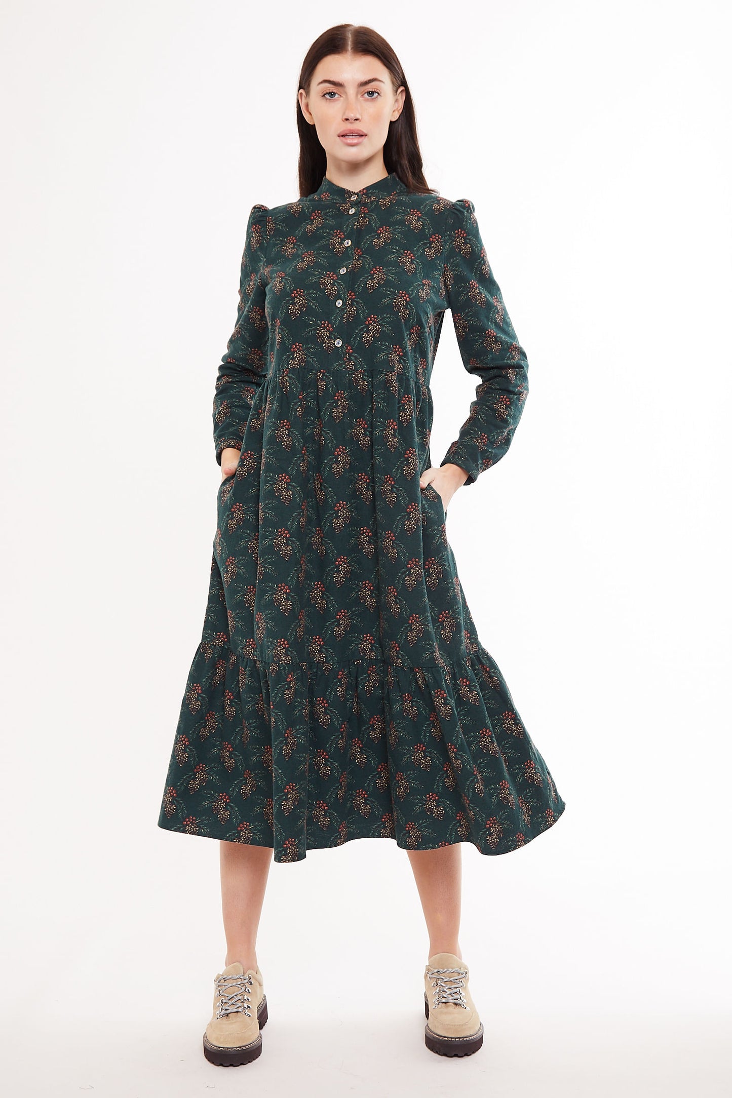 Louche Macha Pine Cone Print Long Sleeved Tiered Midi Dress