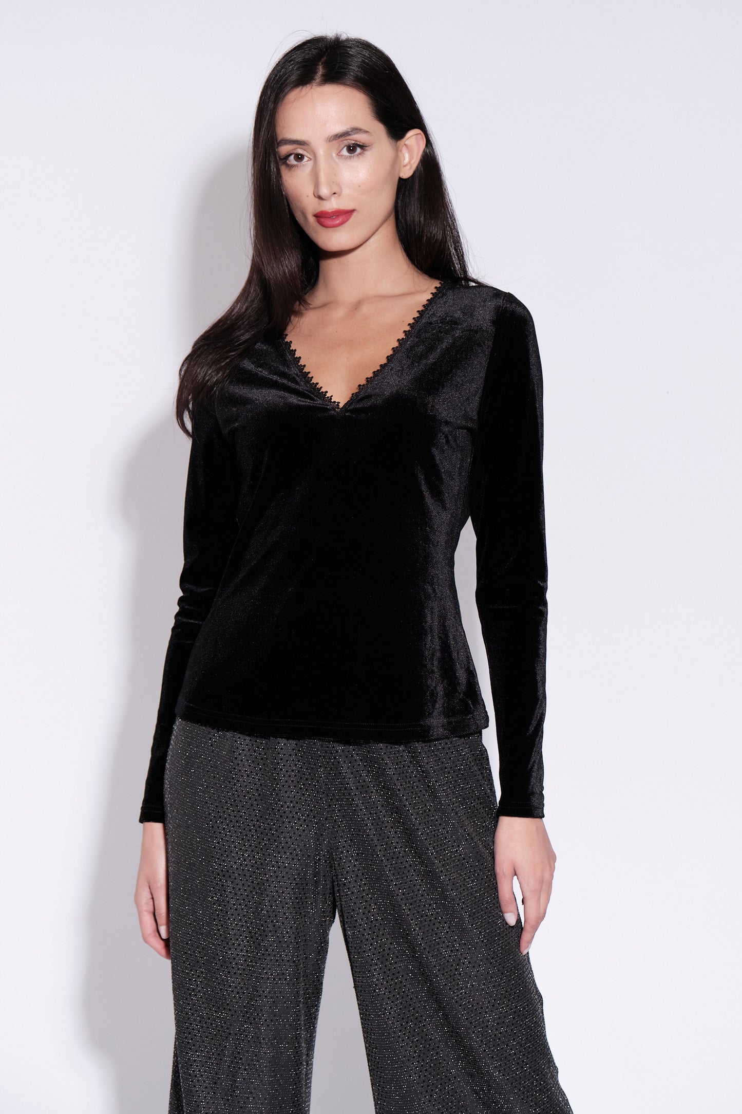 Maeko Velvet V Neck Top in Black