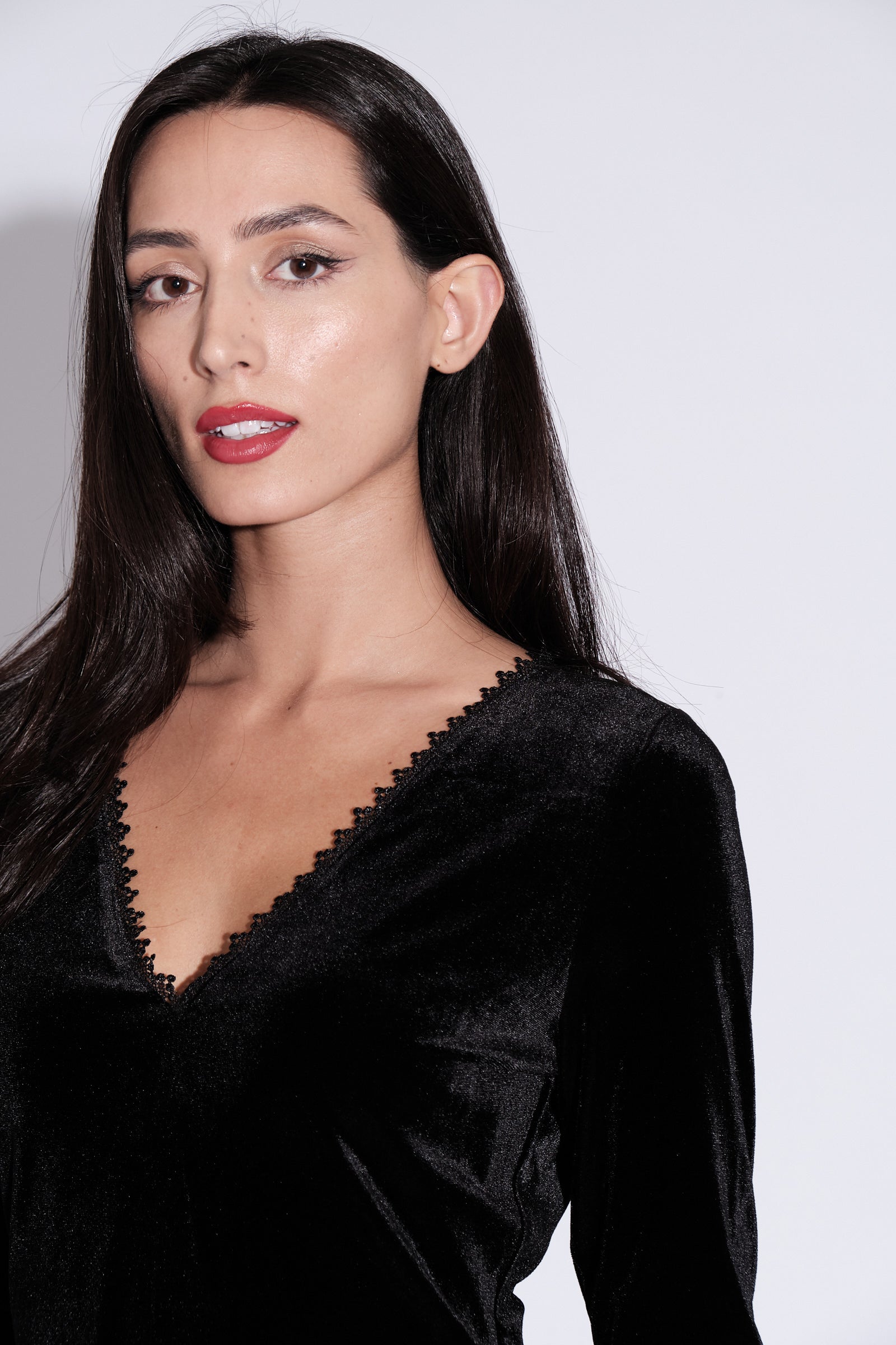 Maeko Velvet V Neck Top in Black - Detail 1