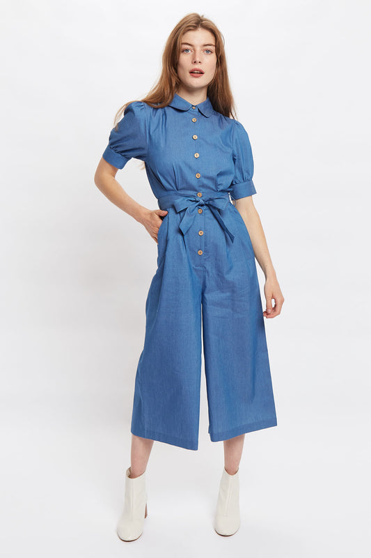 Louche Magda Chambray Short Sleeve Cropped Jumpsuit