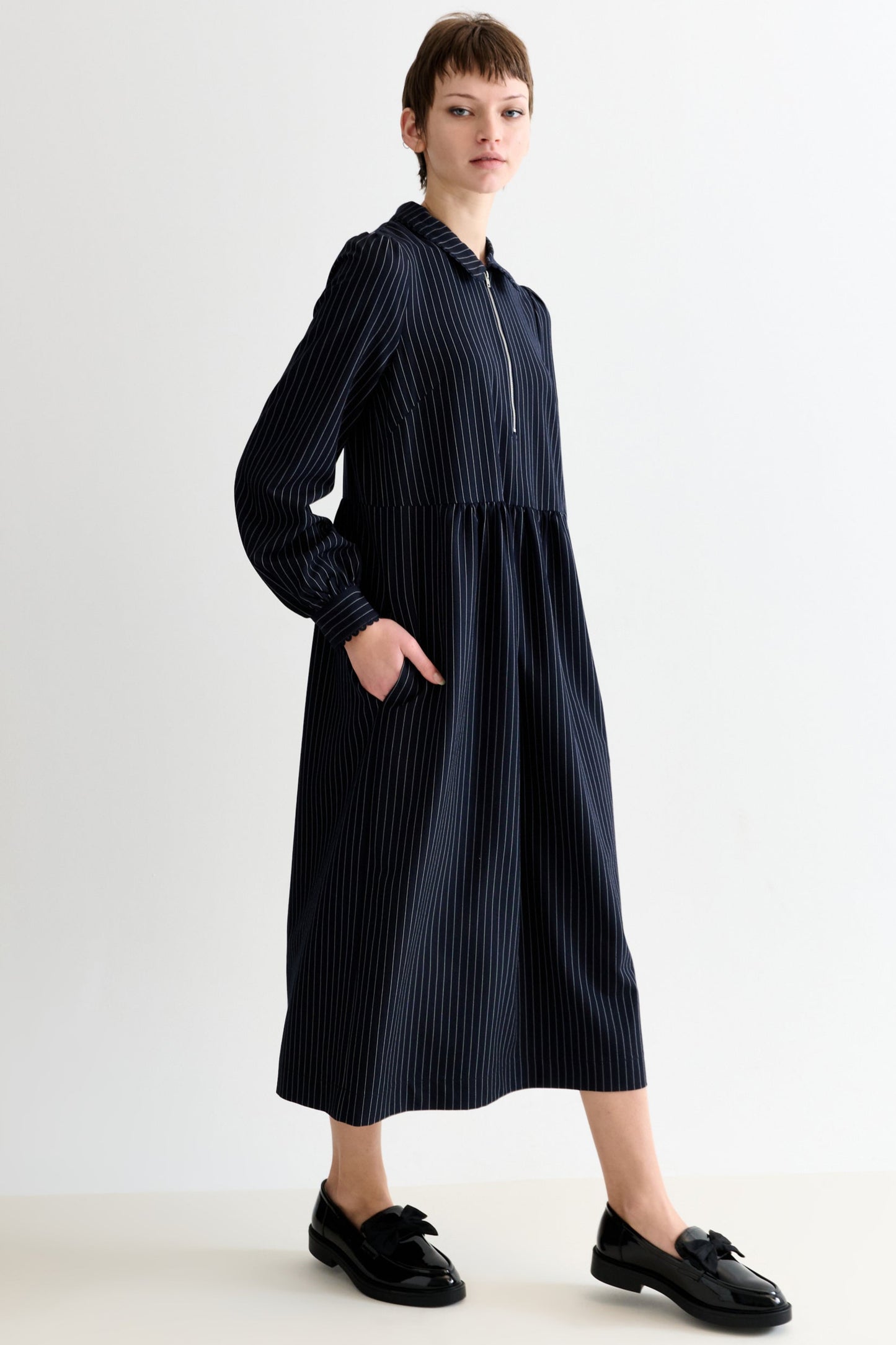 Manton Pinstripe Zip Front Lace Trim Midi Dress - Navy