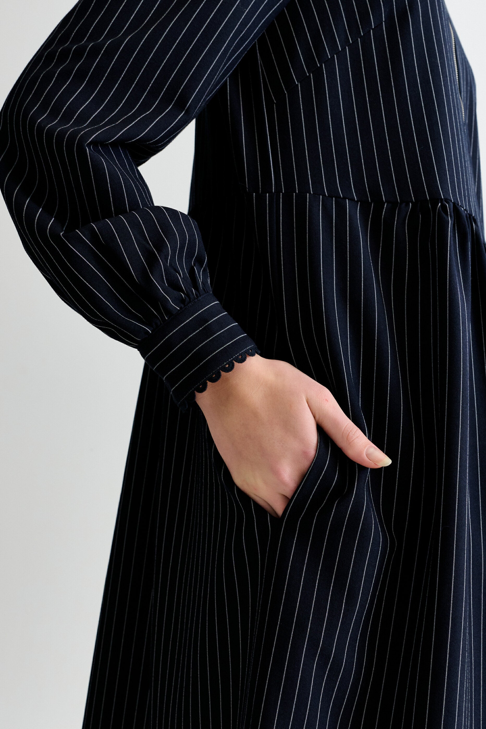 Manton Pinstripe Zip Front Lace Trim Midi Dress - Navy - Detail 1