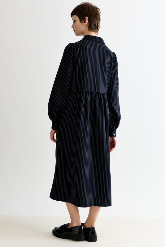 Manton Pinstripe Zip Front Lace Trim Midi Dress - Navy