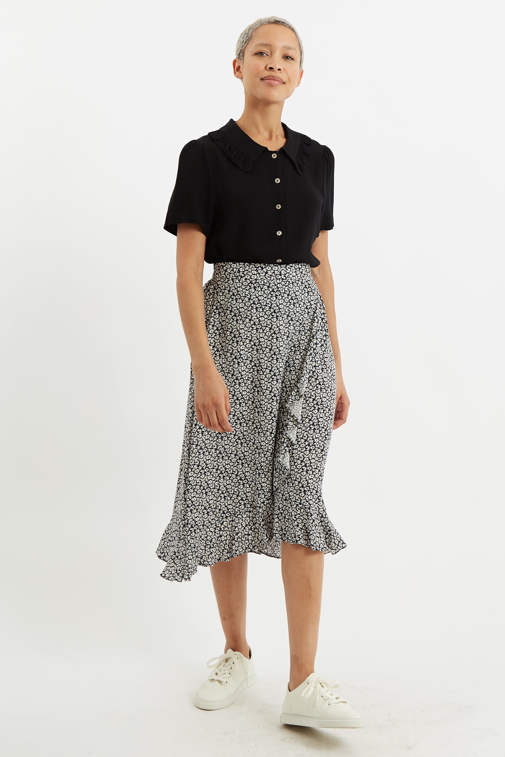 Louche Mara Dazzler Print Frill Midi Skirt - Black - Styled
