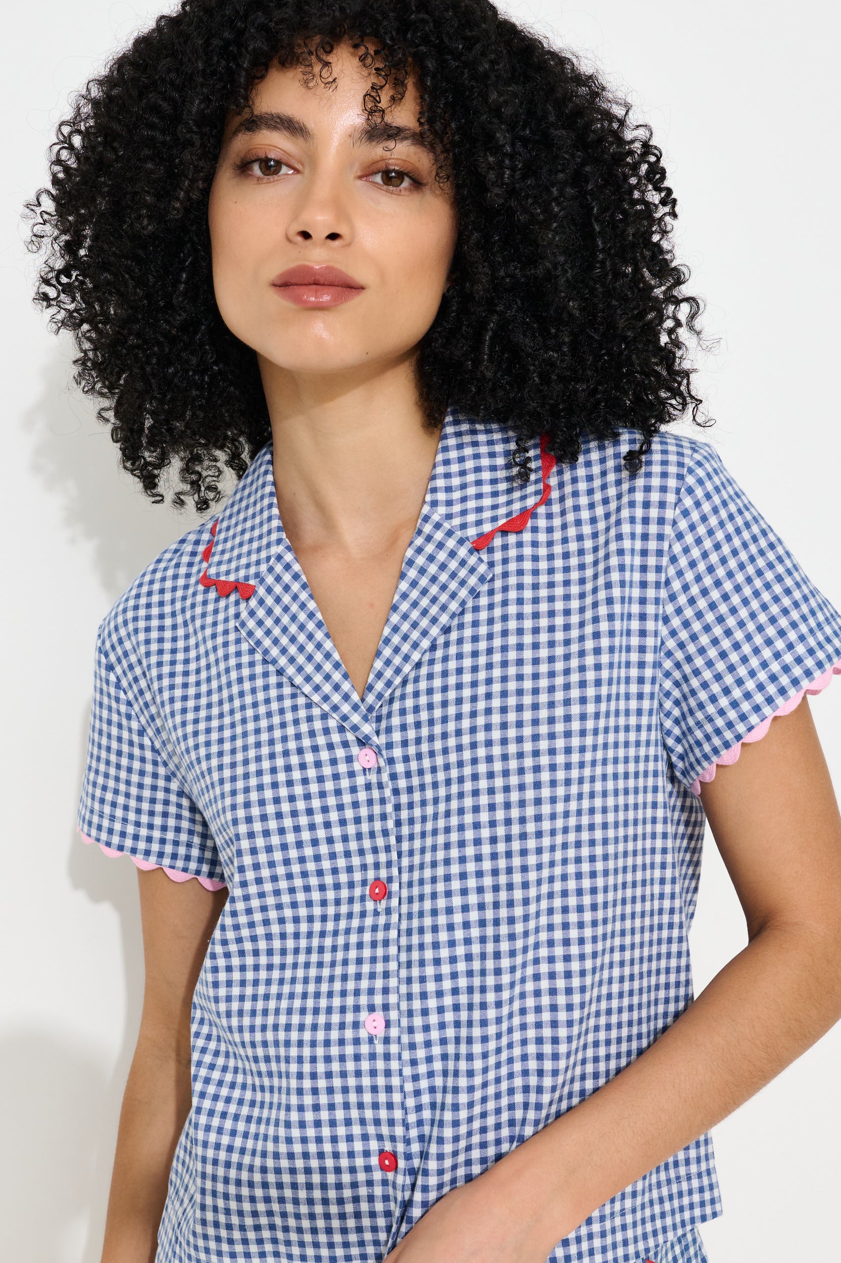 Marika Gingham Ric Rac Trim Resort Shirt - Blue