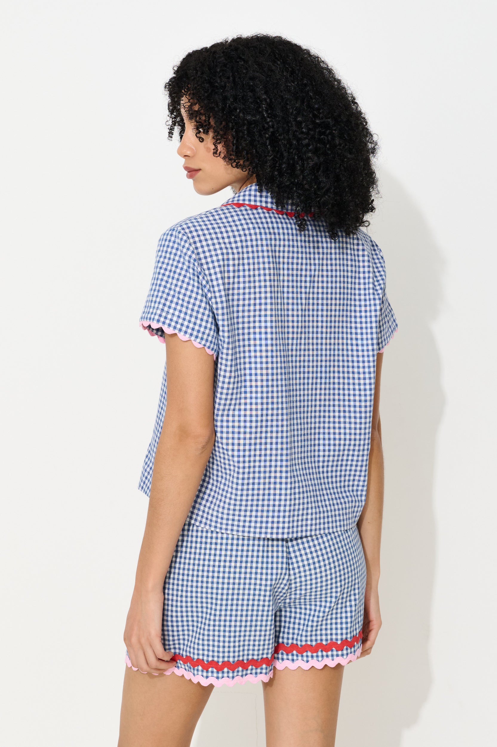 Marika Gingham Ric Rac Trim Resort Shirt - Blue