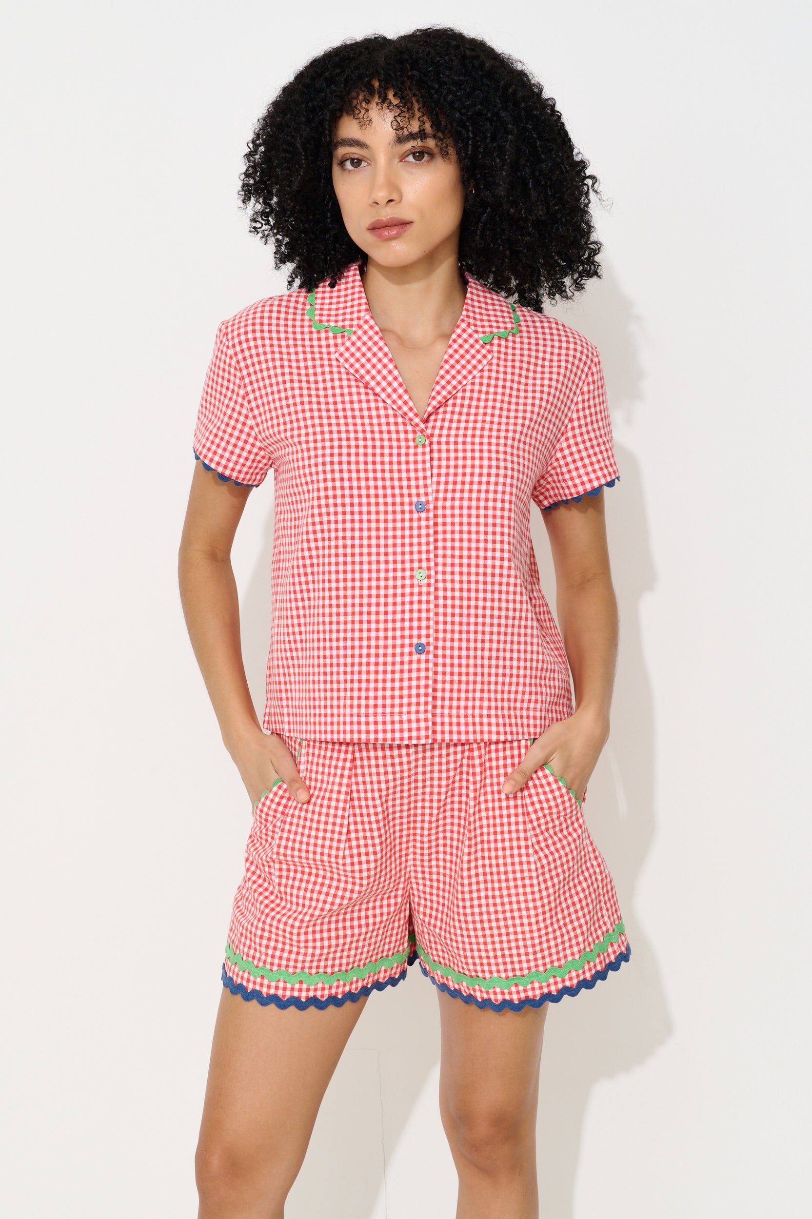 Marika Gingham Ric Rac Trim Resort Shirt - Red