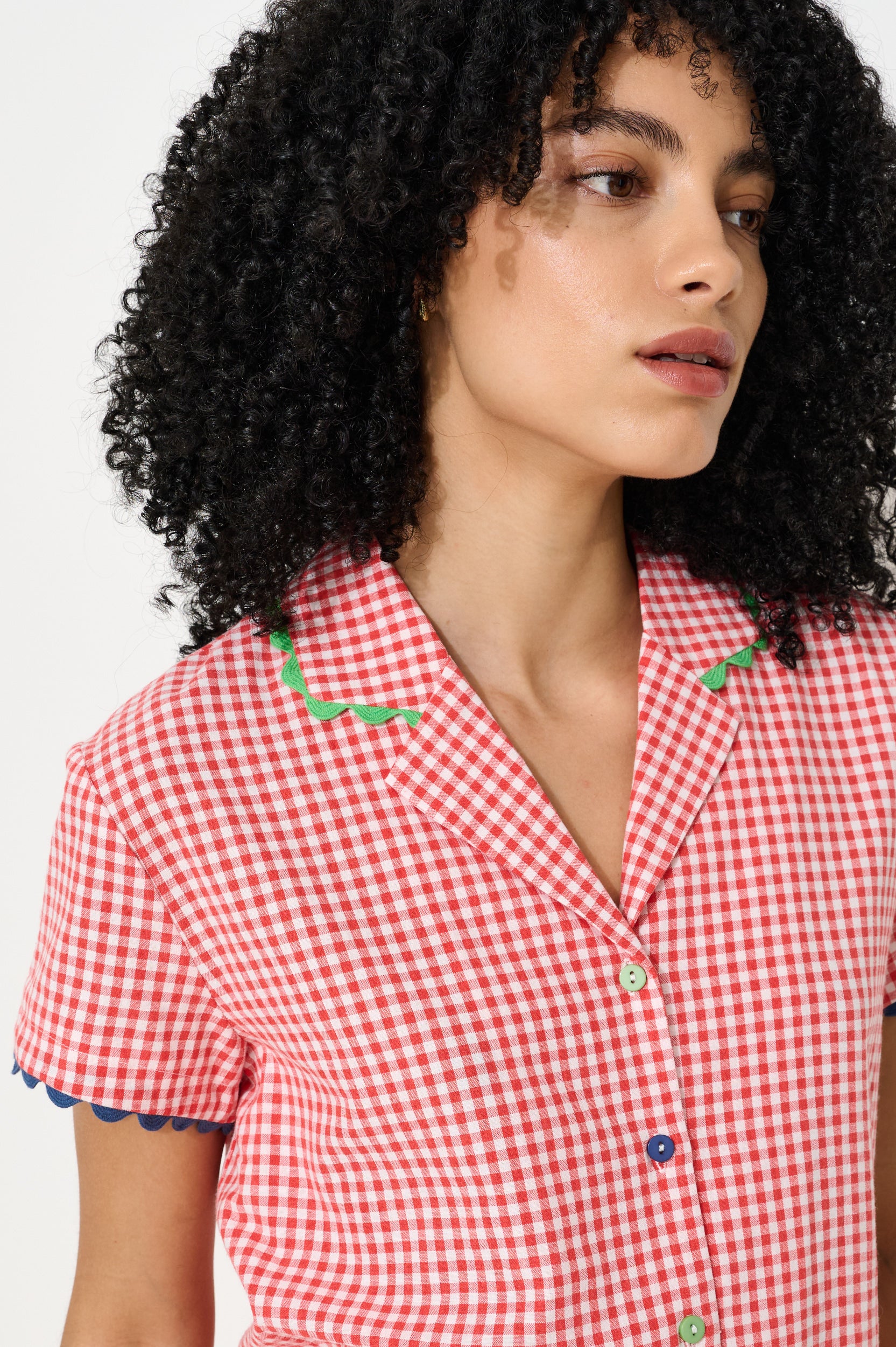 Marika Gingham Ric Rac Trim Resort Shirt - Red
