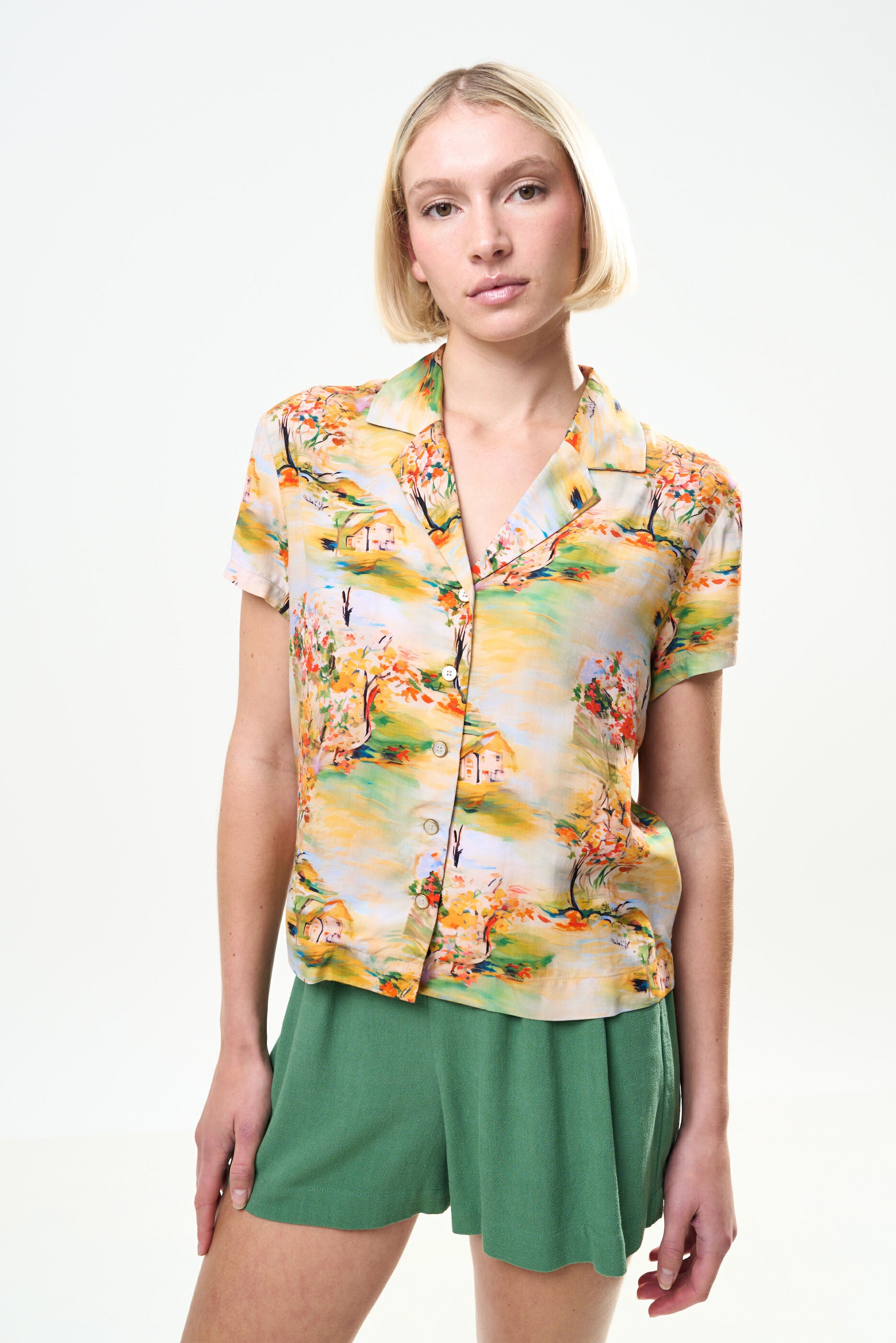 Marika Oriental Landscape Print Resort Shirt - Yellow