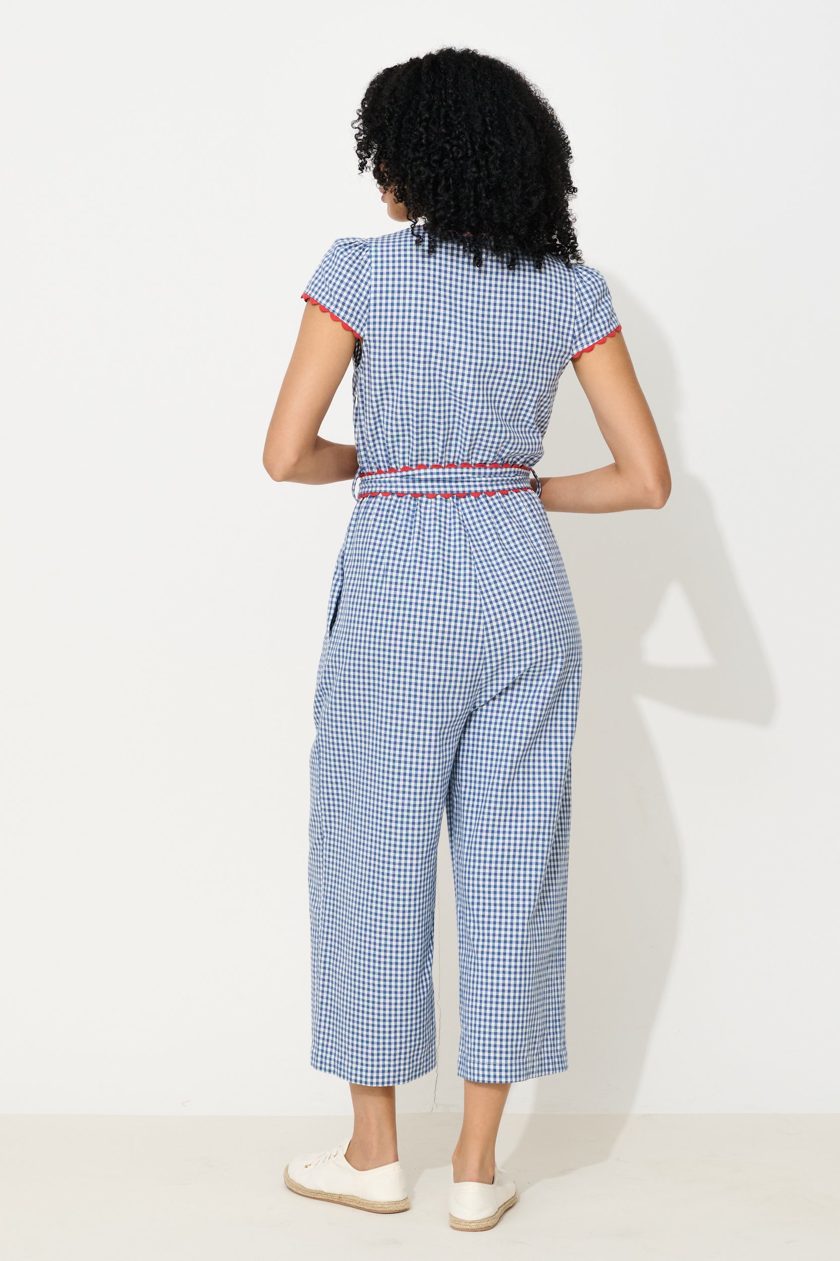 Marleen Gingham Ric Rac Trim Cropped Jumpsuit - Blue