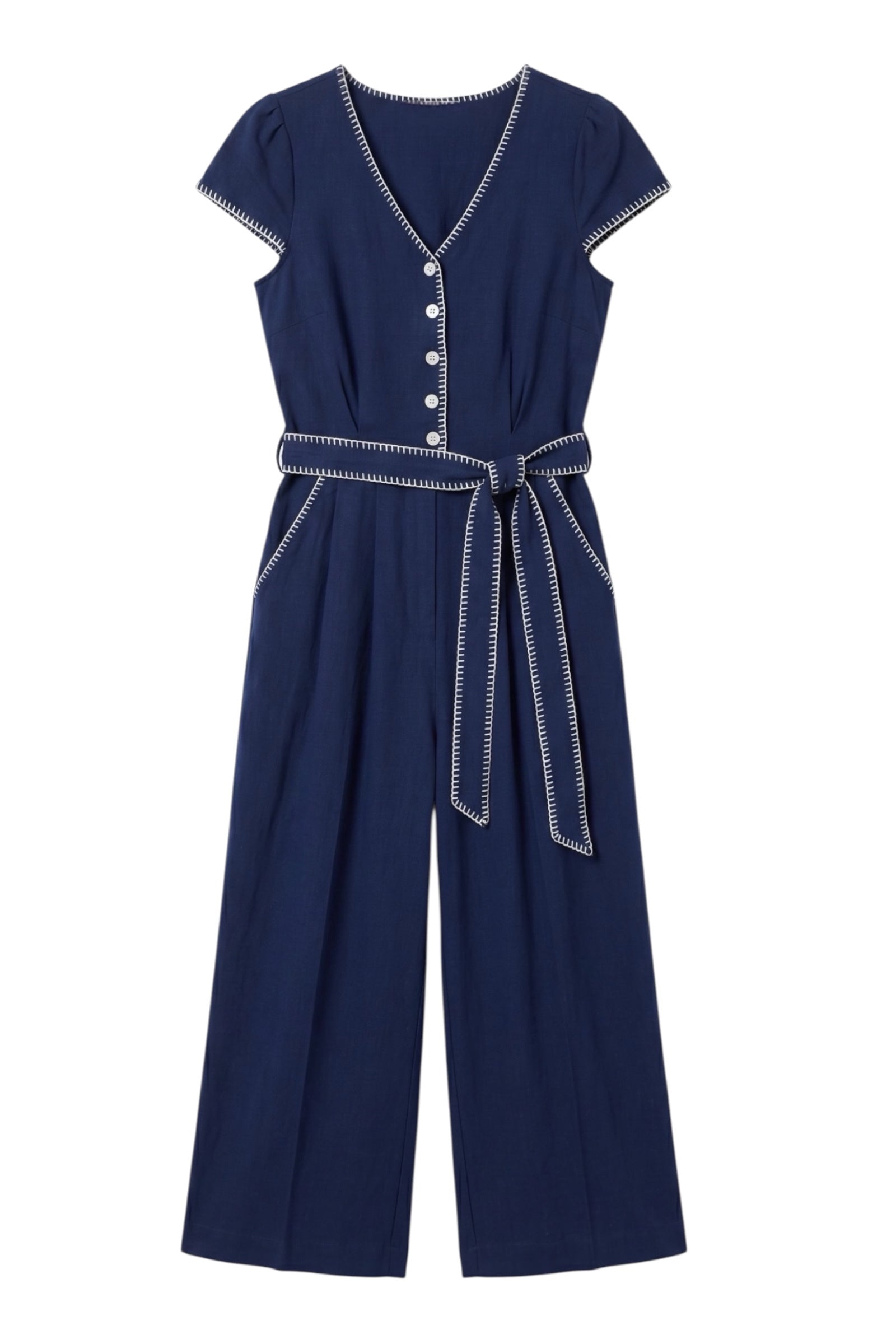 Navy blue jumpsuit with white trim on a white background