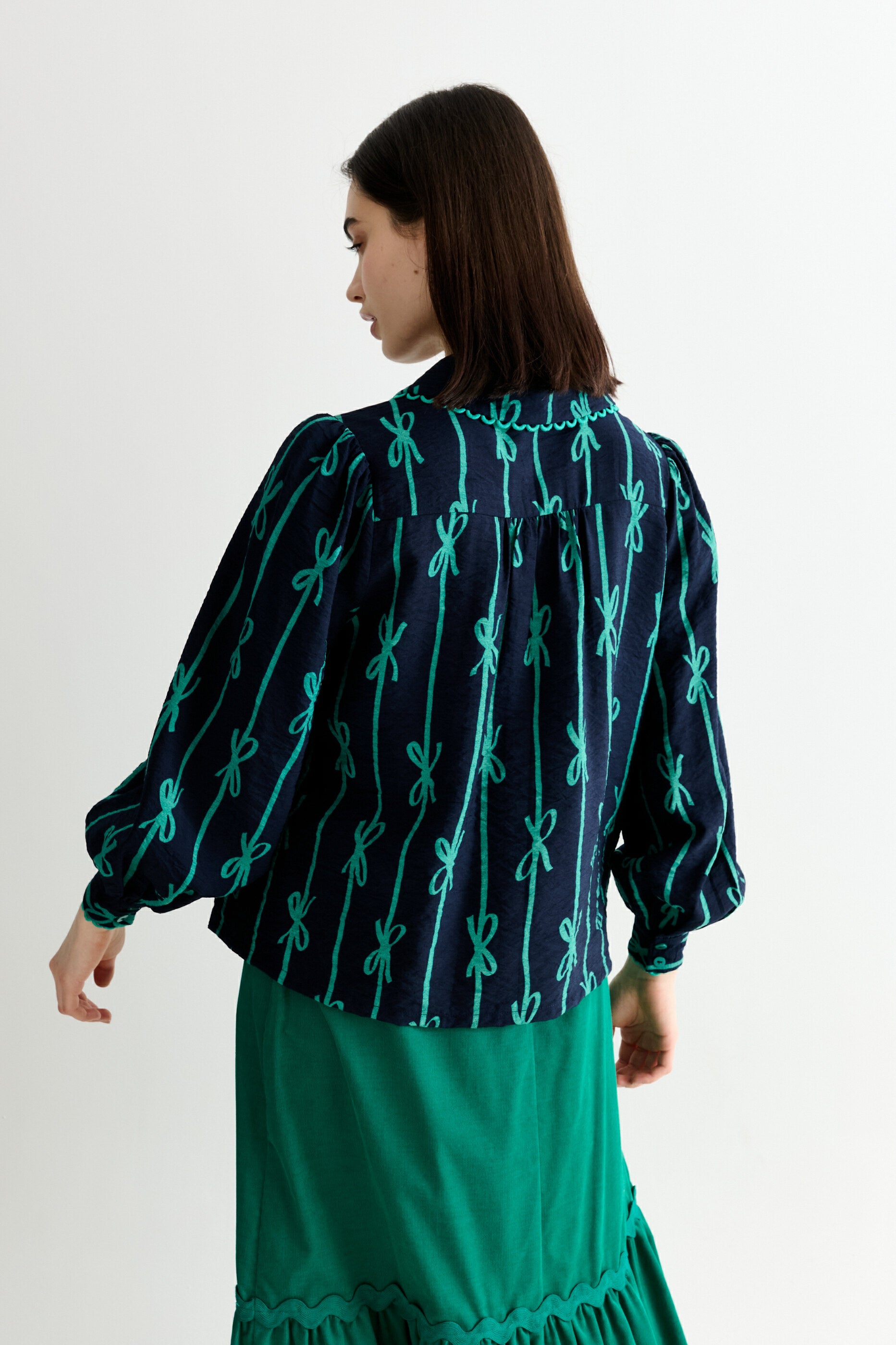 Martta Tie Up Lace Trimmed Collar Blouse - Navy