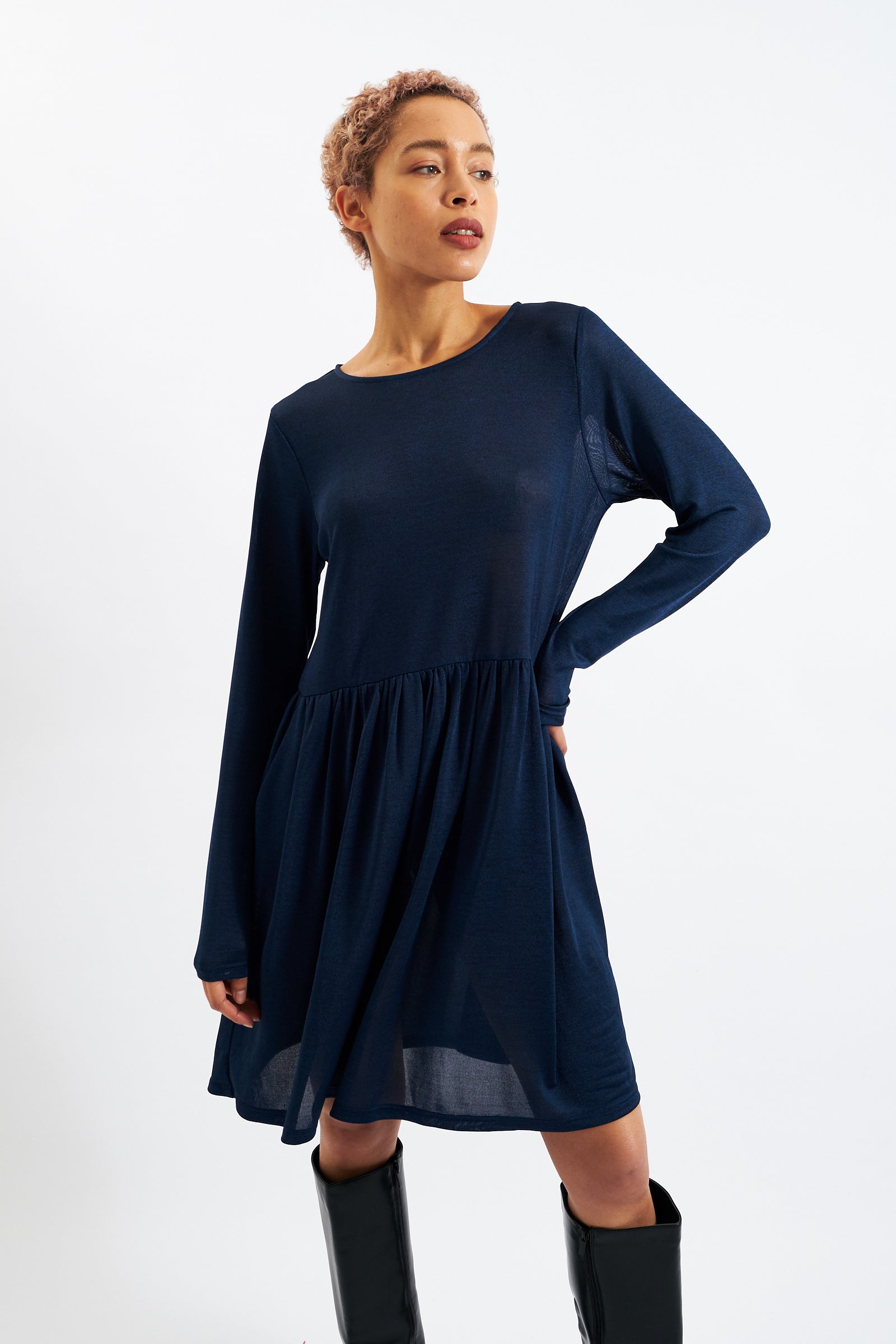 Marylene Marl Throw On Mini Dress in Navy - Detail 1