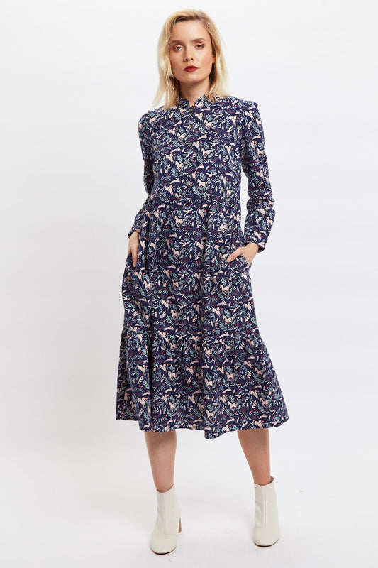 Louche Macha Magic Forest Print Long Sleeve Tiered Midi Dress