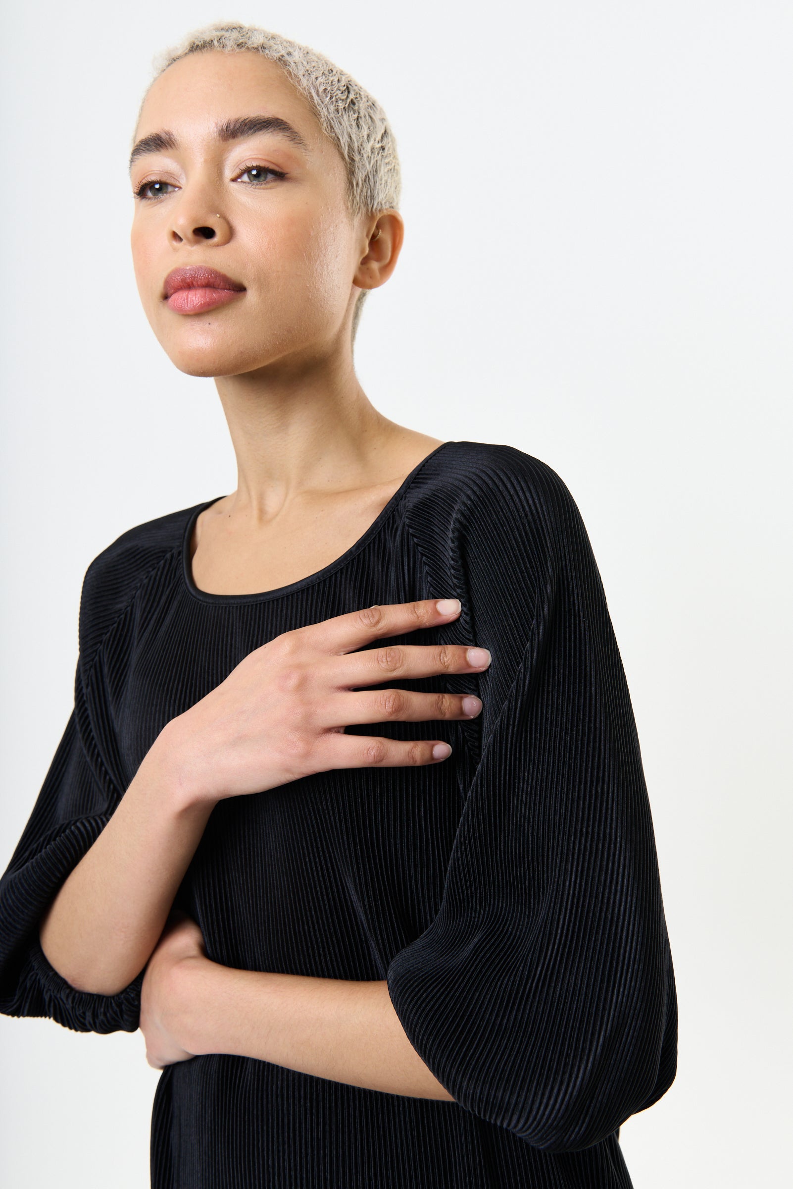 Mayanna Pleat 3/4 Sleeve Top - Black - Detail 2