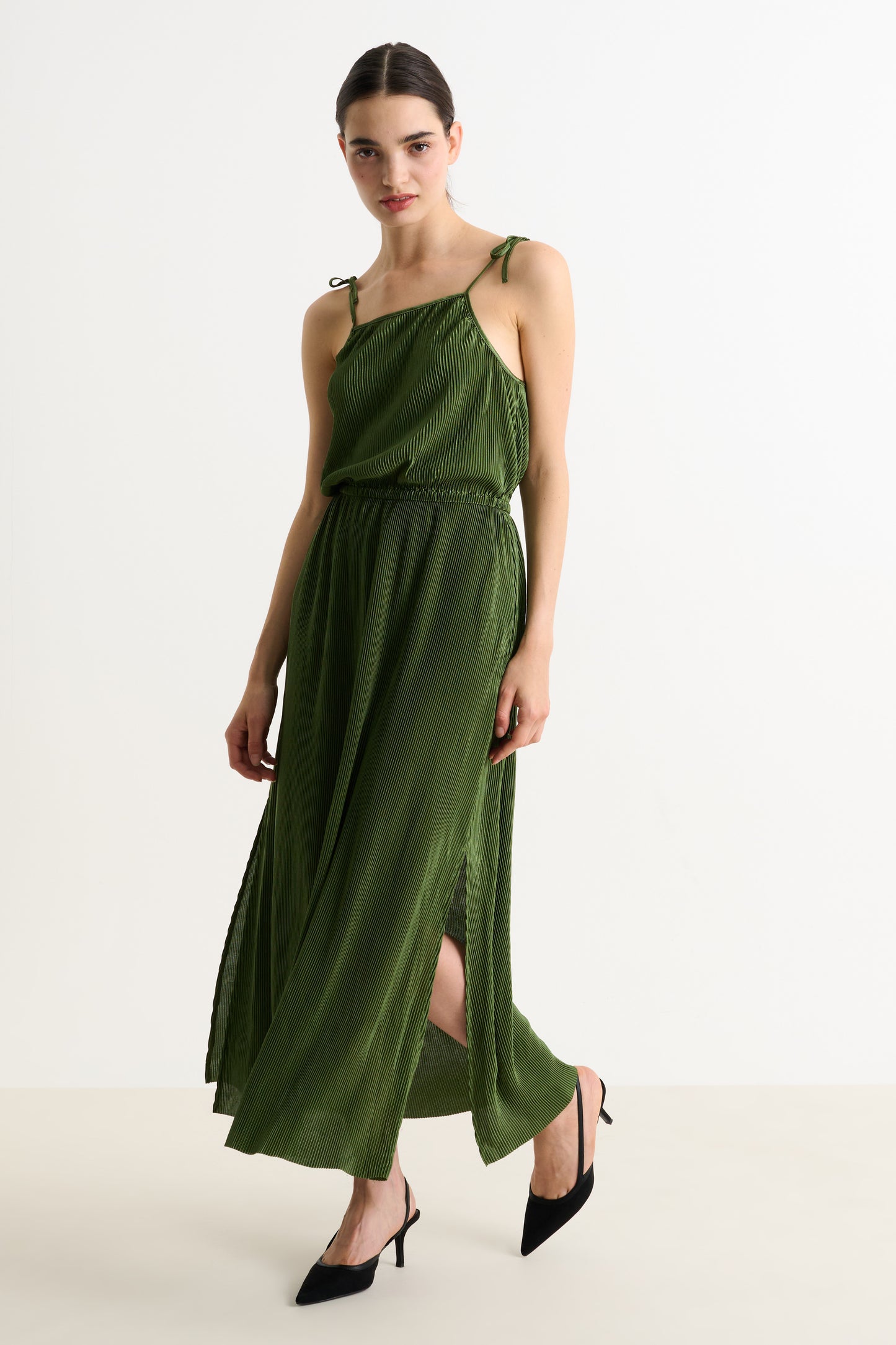 Mayra Pleat Sage Strappy Maxi Dress