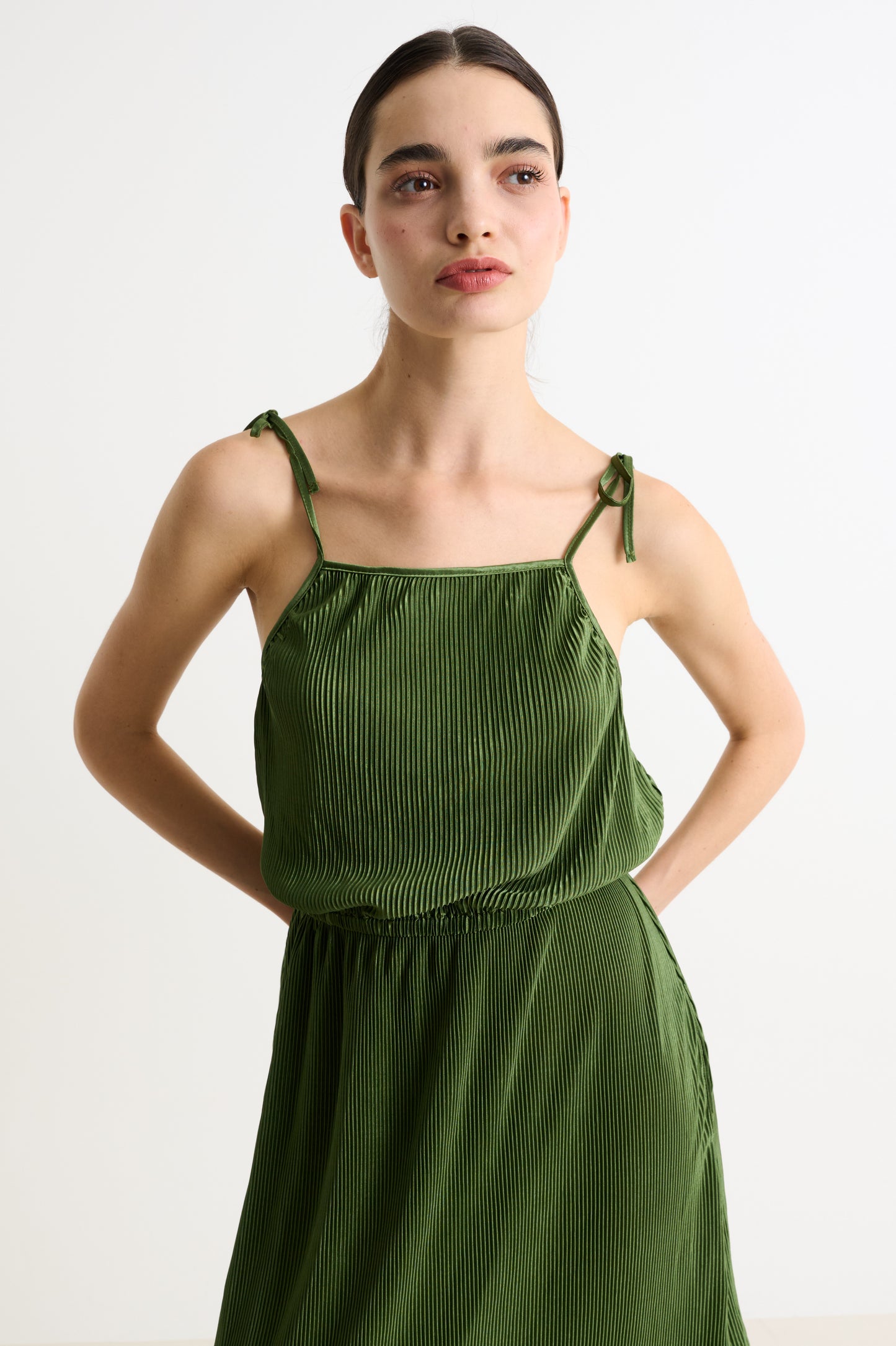 Mayra Pleat Sage Strappy Maxi Dress