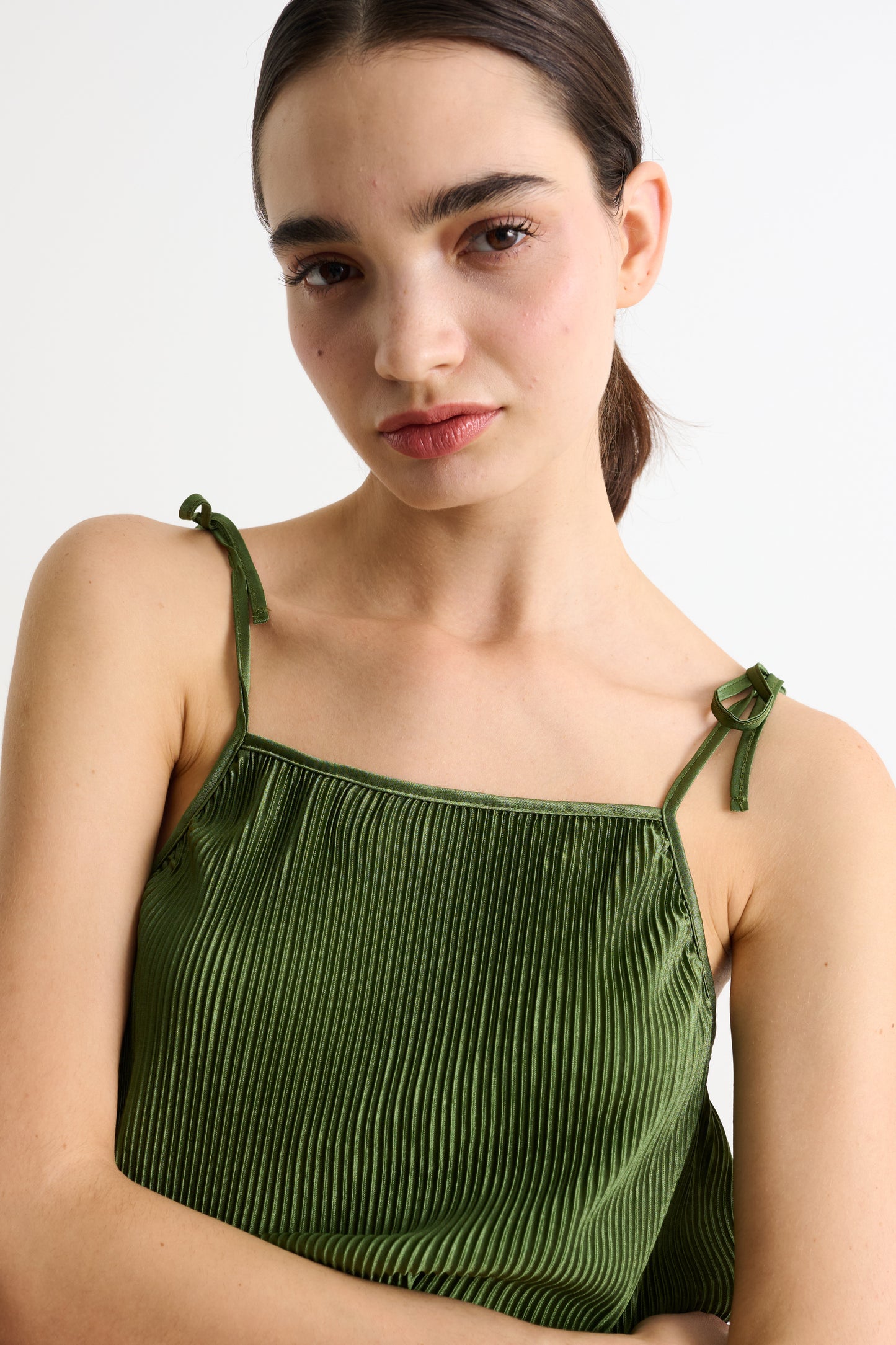Mayra Pleat Sage Strappy Maxi Dress