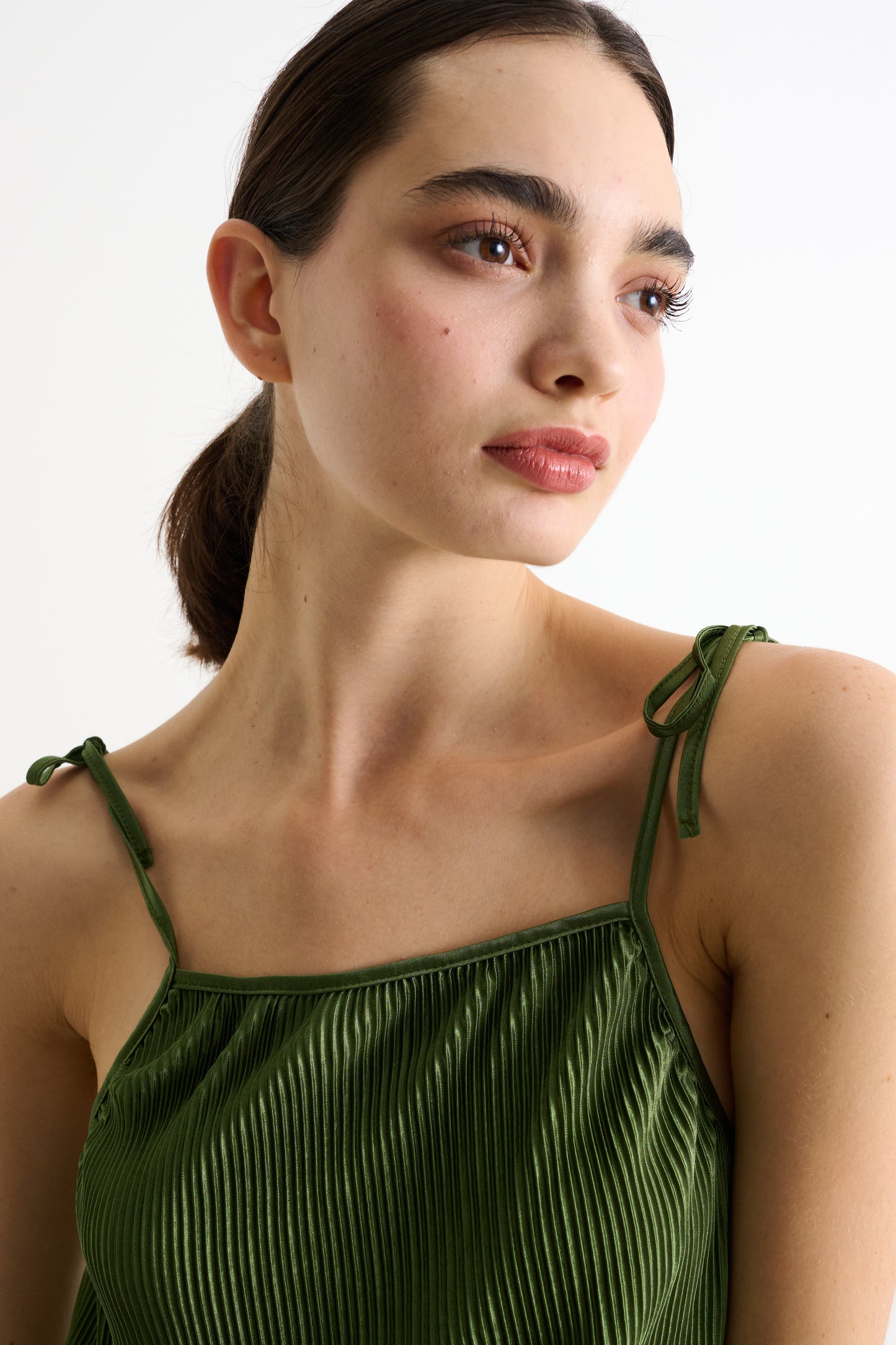 Mayra Pleat Sage Strappy Maxi Dress