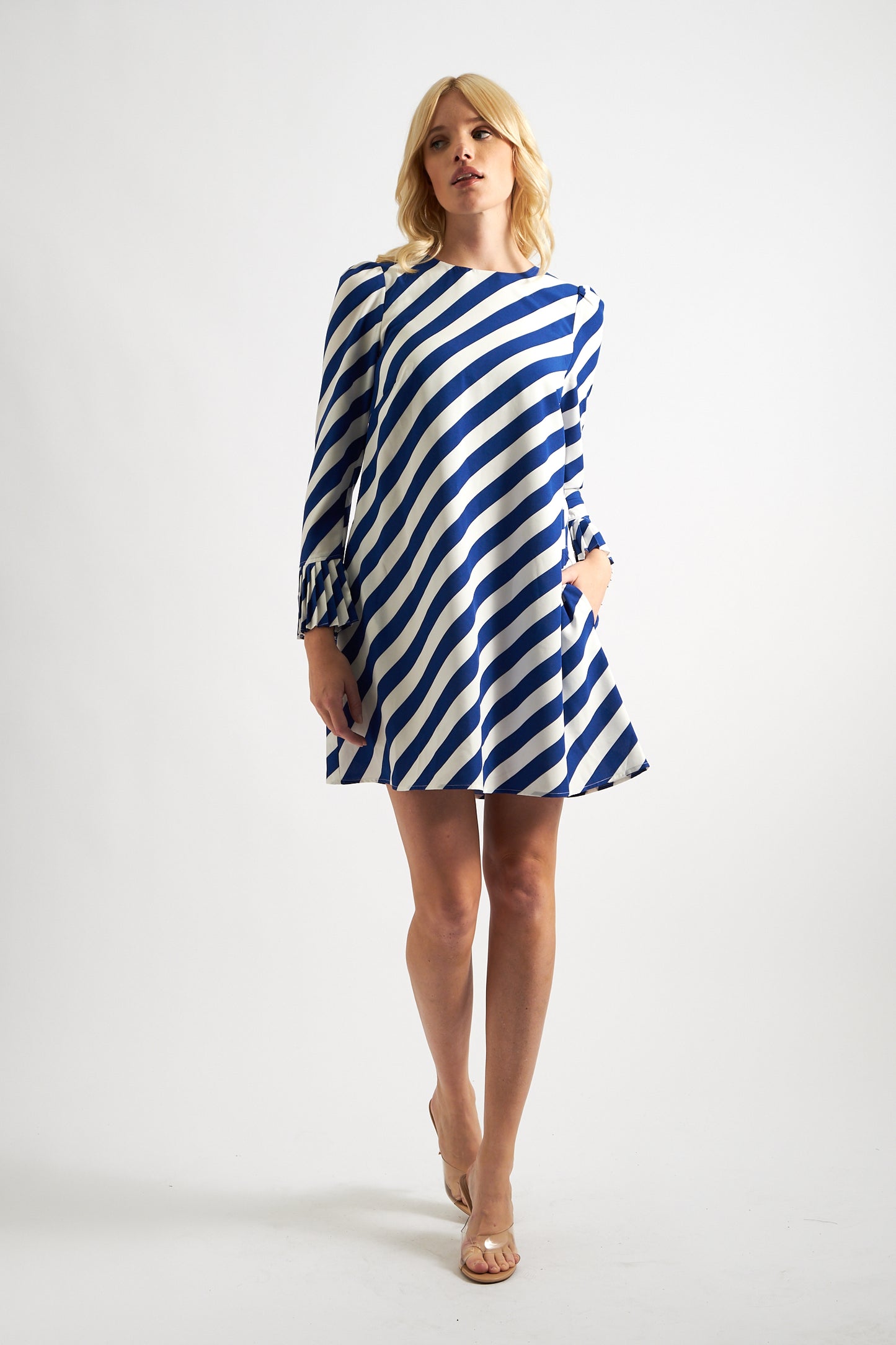 Megann Diagonal Lines Print Pleated Cuff Mini Dress - Blue