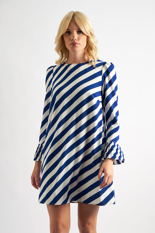 Megann Diagonal Lines Print Pleated Cuff Mini Dress - Blue