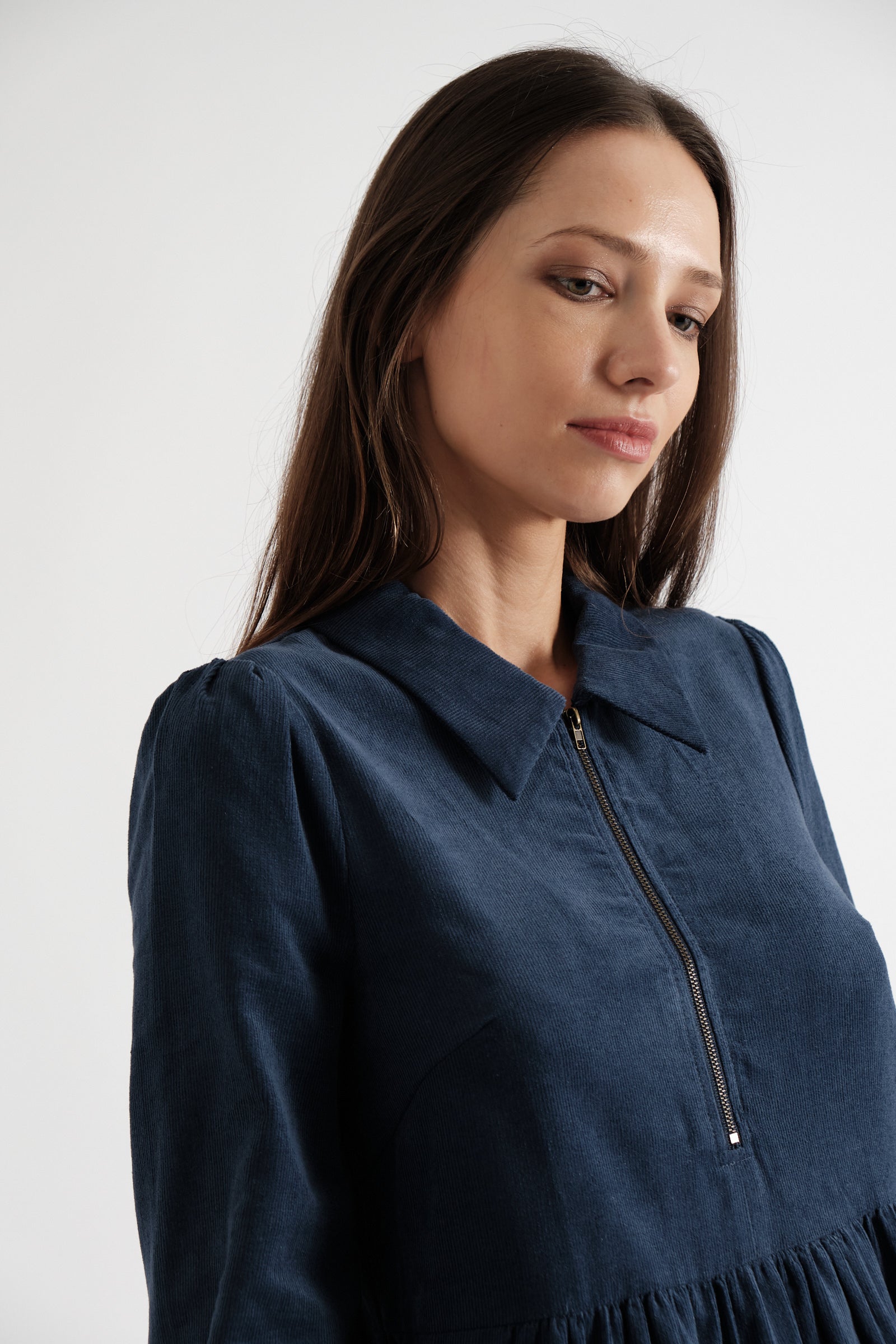 Melany Zip Front Cord Mini Dress in Navy - Detail 1