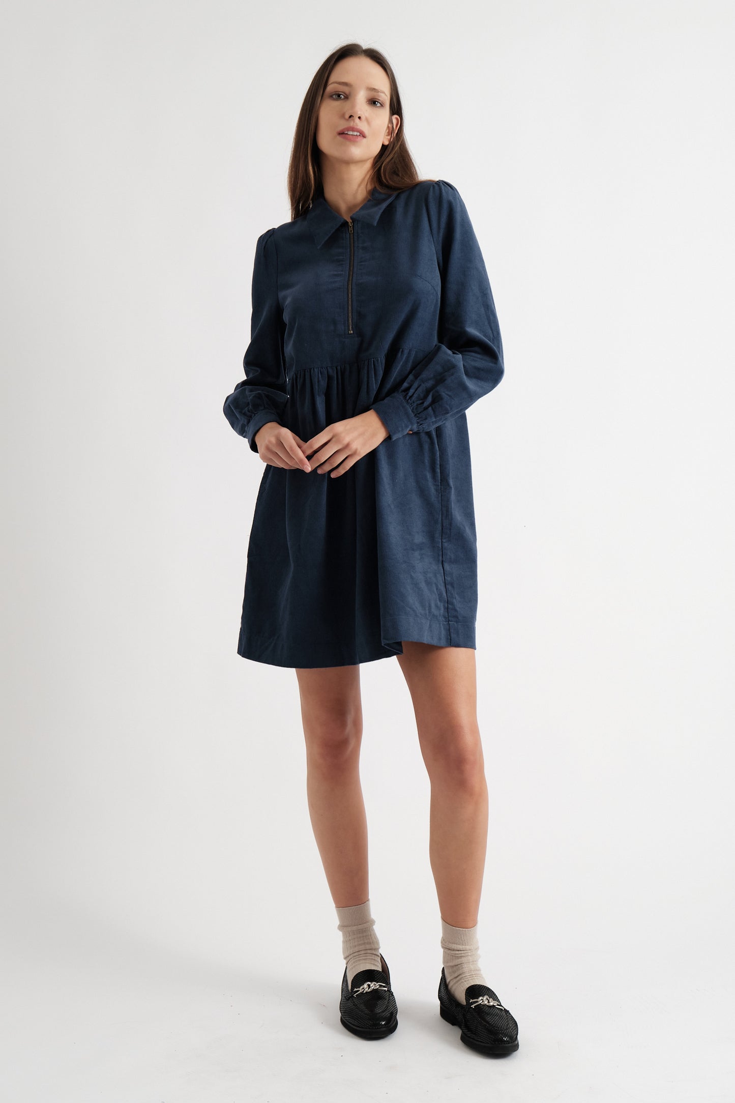 Melany Zip Front Cord Mini Dress in Navy