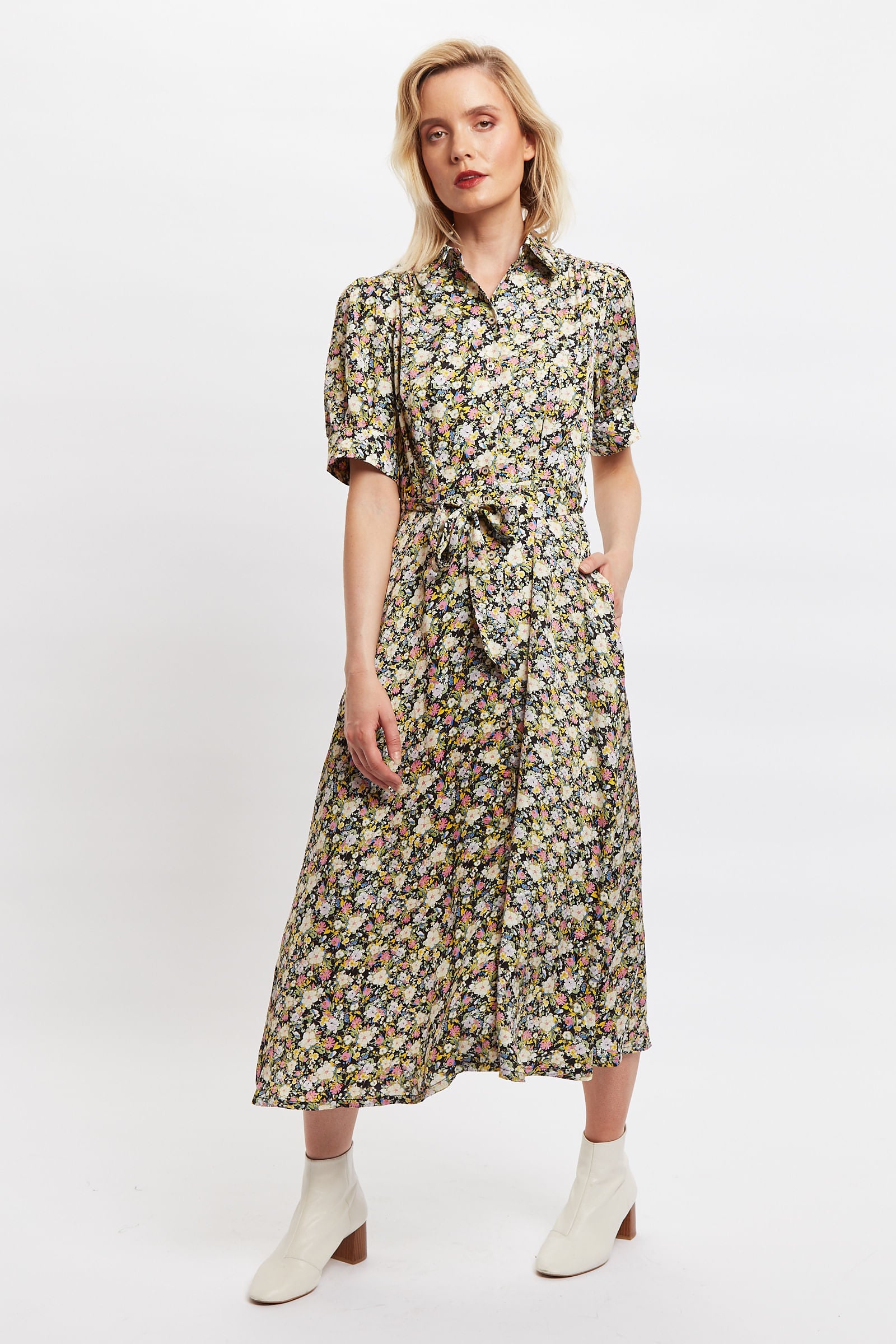 Louche Melia Petal Parade Print Short Sleeve Midi Tea Dress