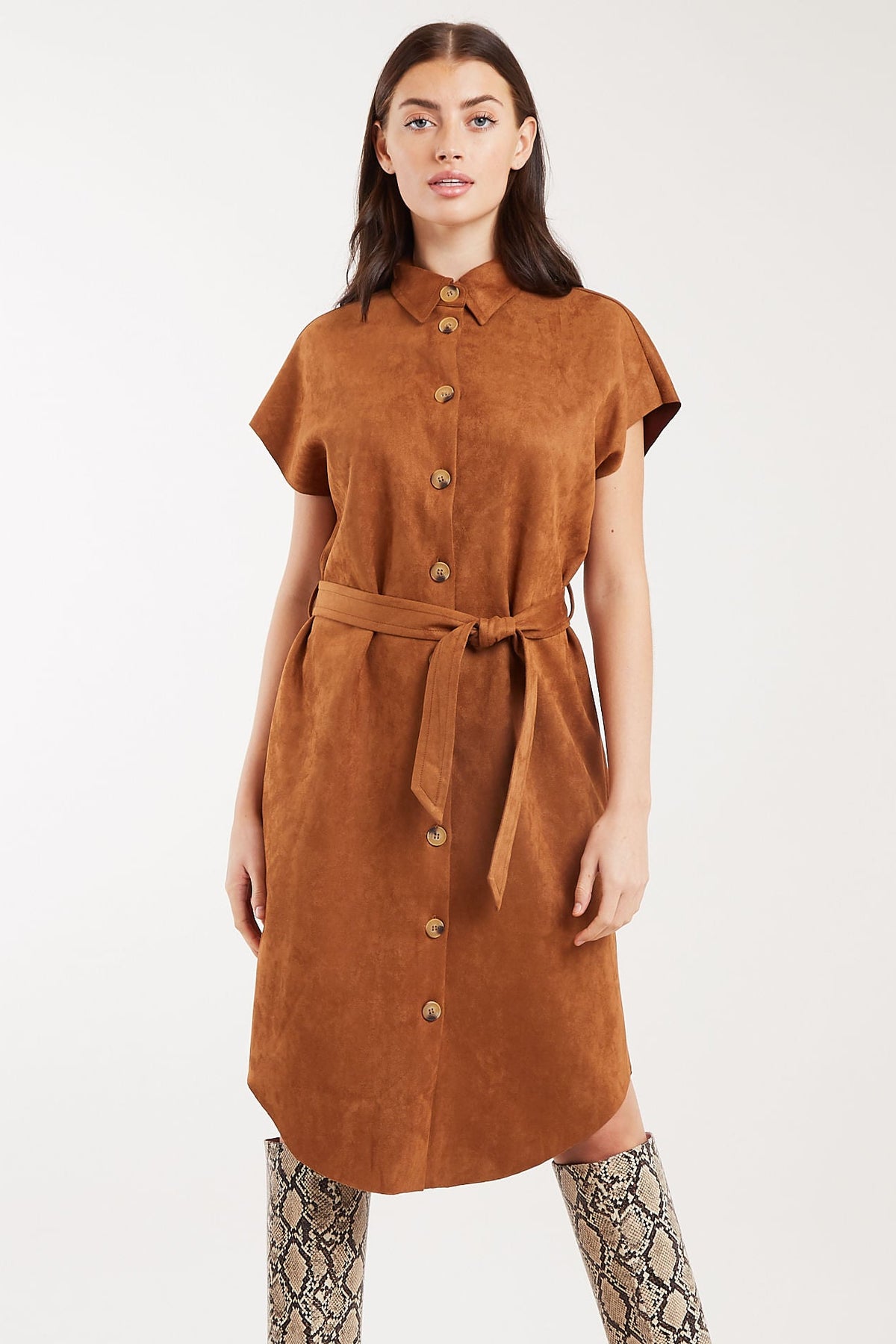 Louche Melike Faux Suede Midi Shirt Dress - Front