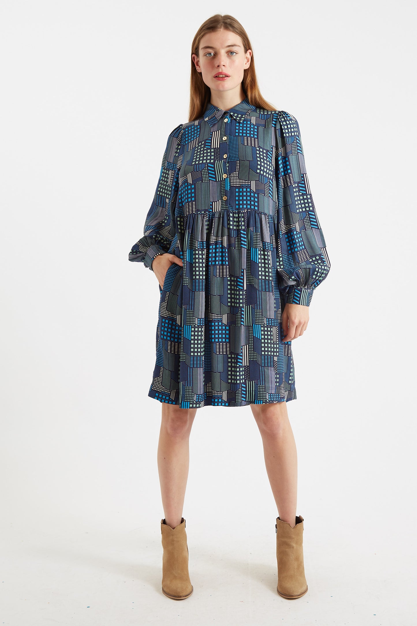 Melly Geo City Print Mini Shirt Dress