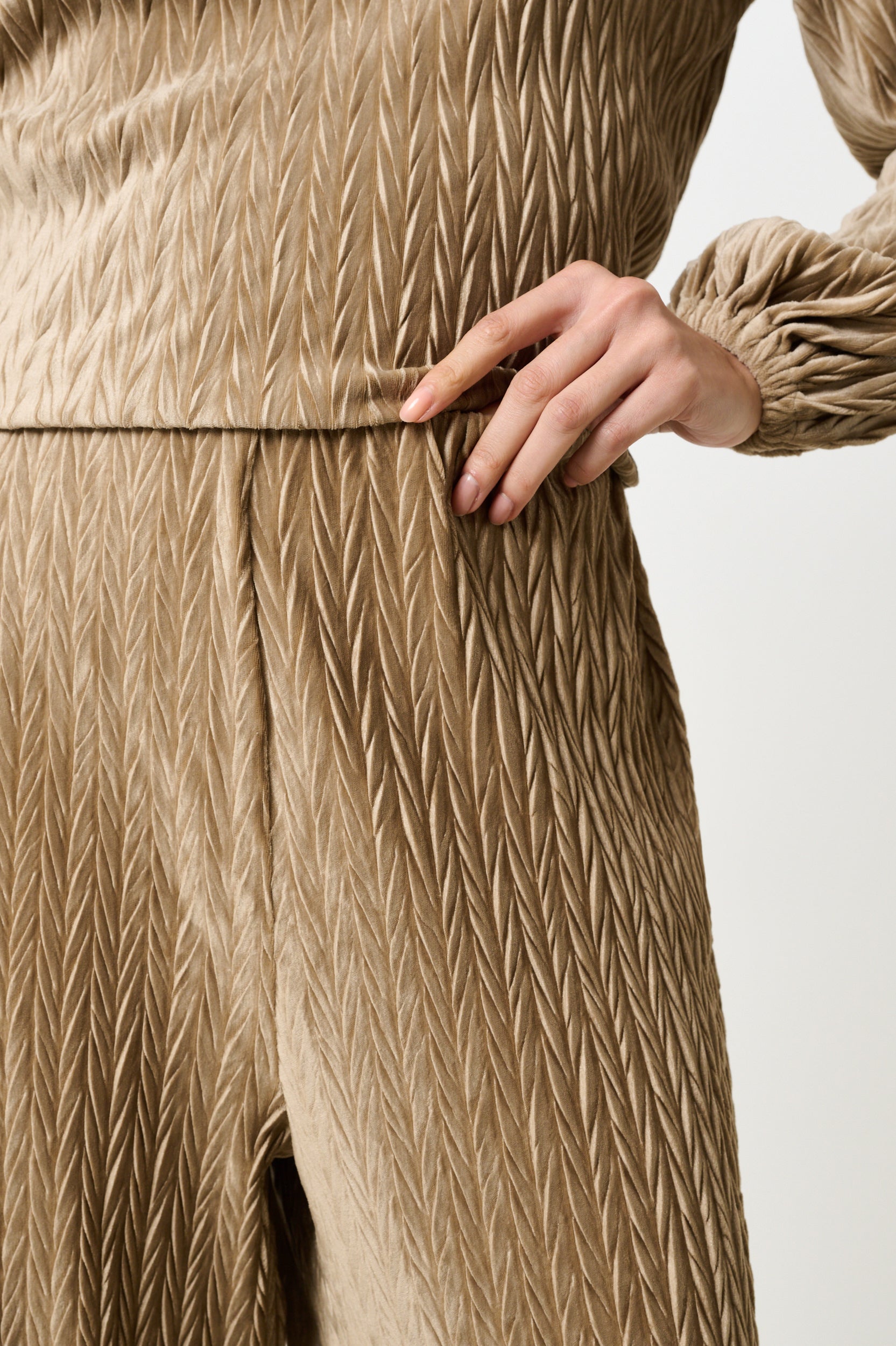 Melvin Velvet Pleat Trouser - Pale Taupe - Detail 3