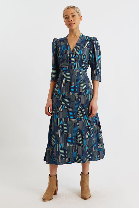 Metea Geo City Print Faux Wrap Midi Dress