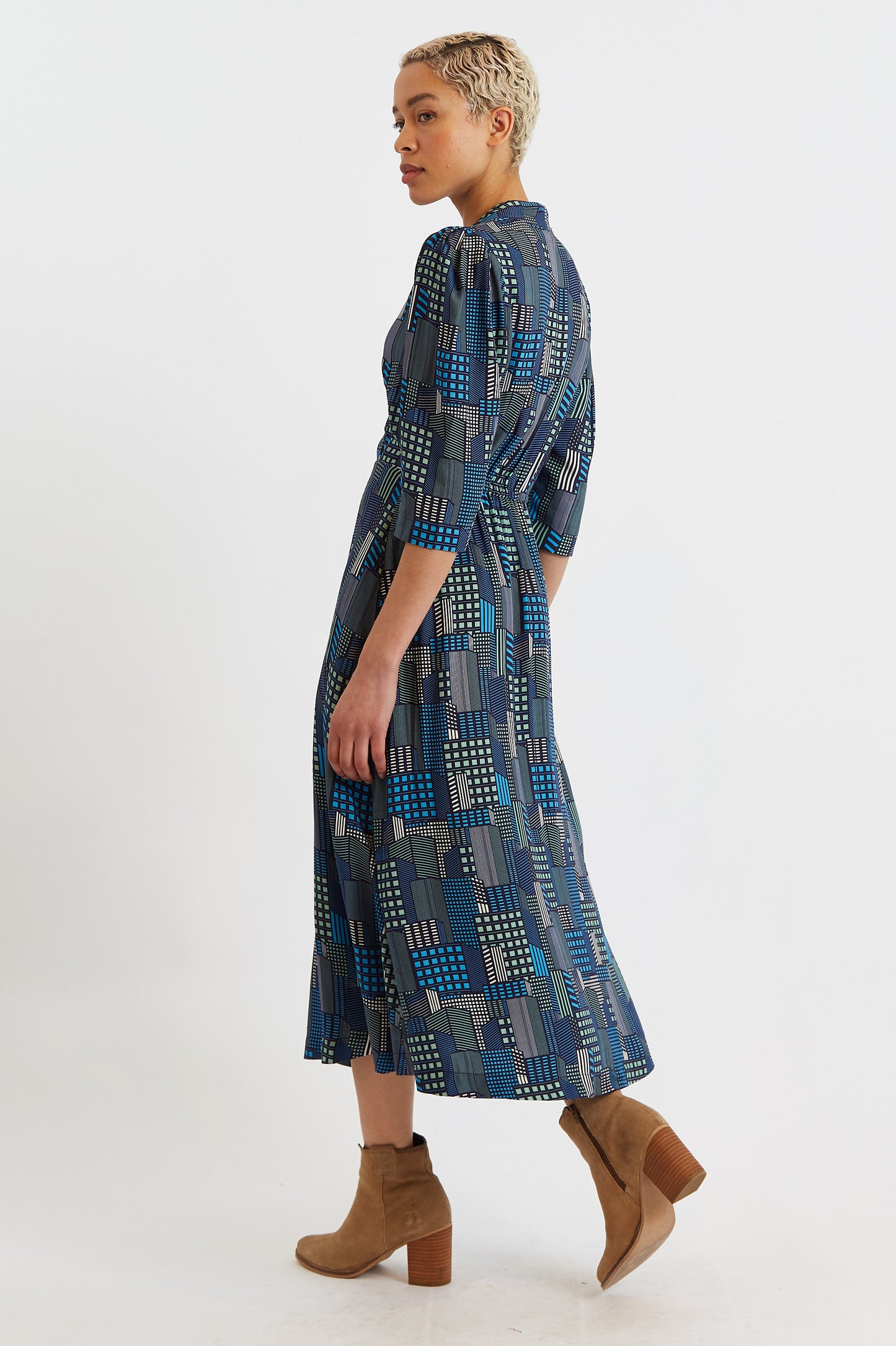 Metea Geo City Print Faux Wrap Midi Dress