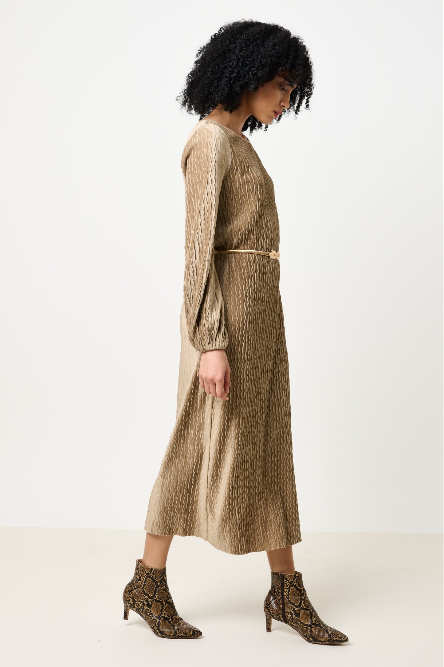 Milene Velvet Pleat Midi Dress - Pale Taupe