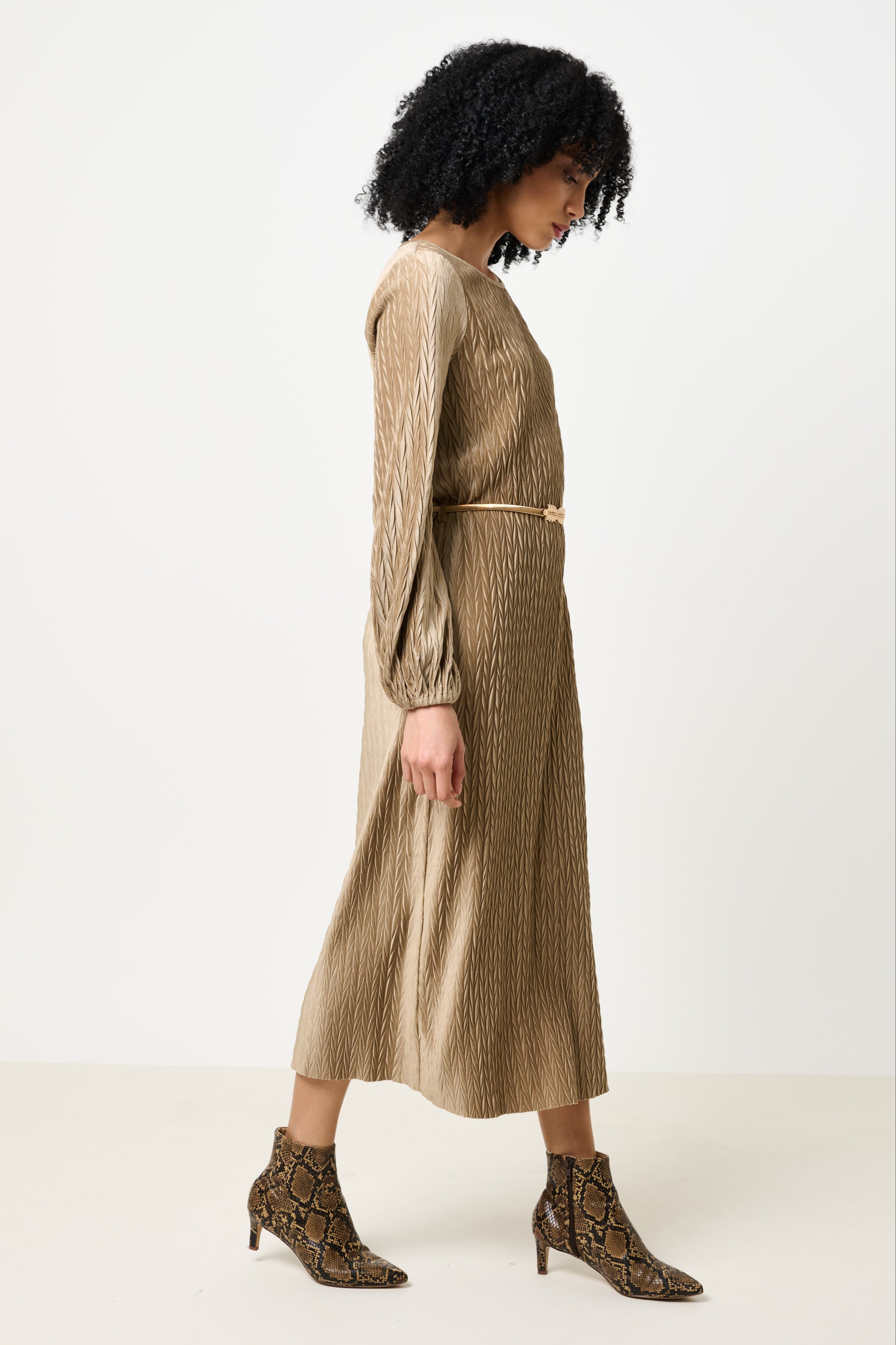 Milene Velvet Pleat Midi Dress - Pale Taupe