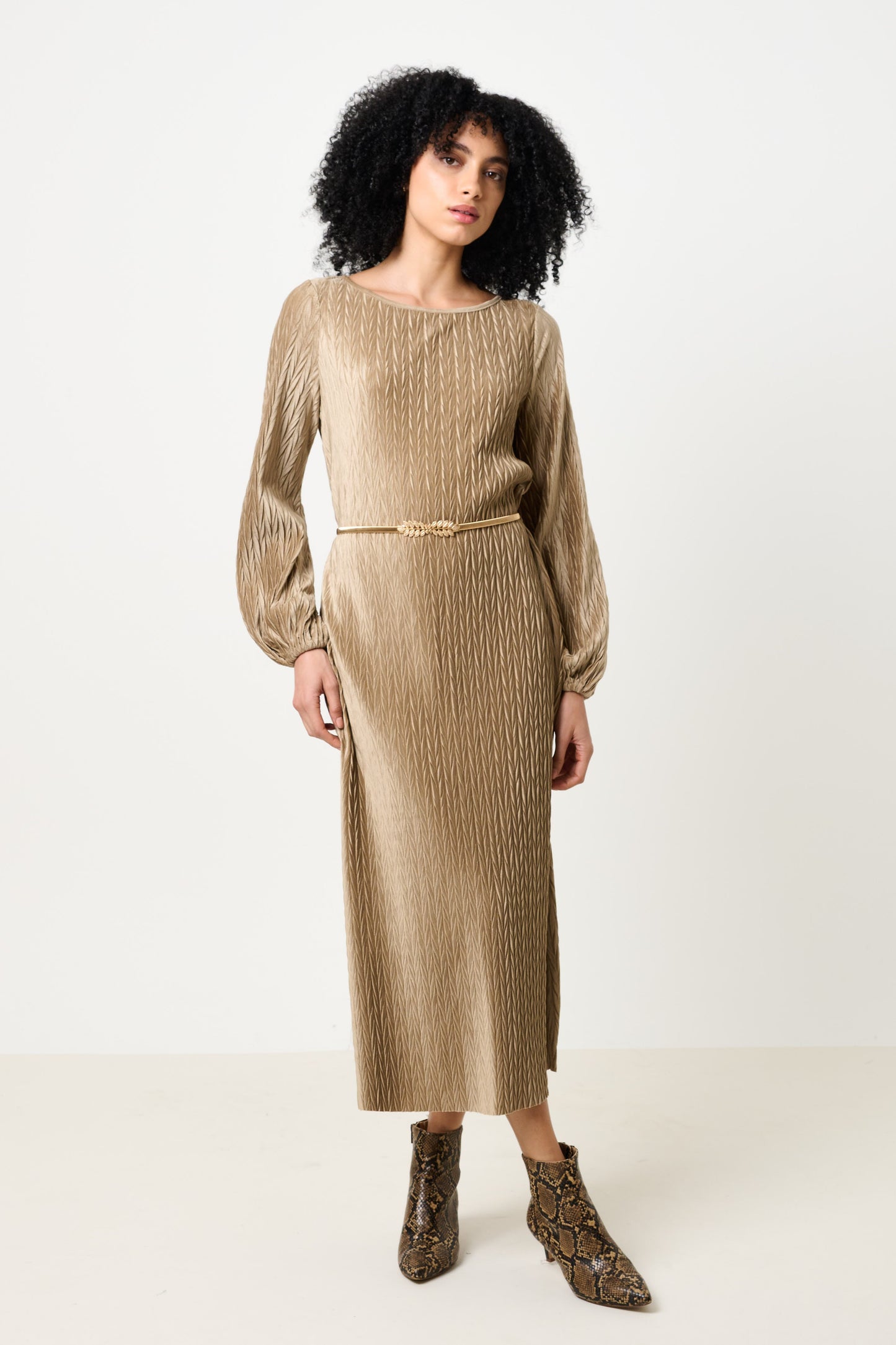 Milene Velvet Pleat Midi Dress - Pale Taupe