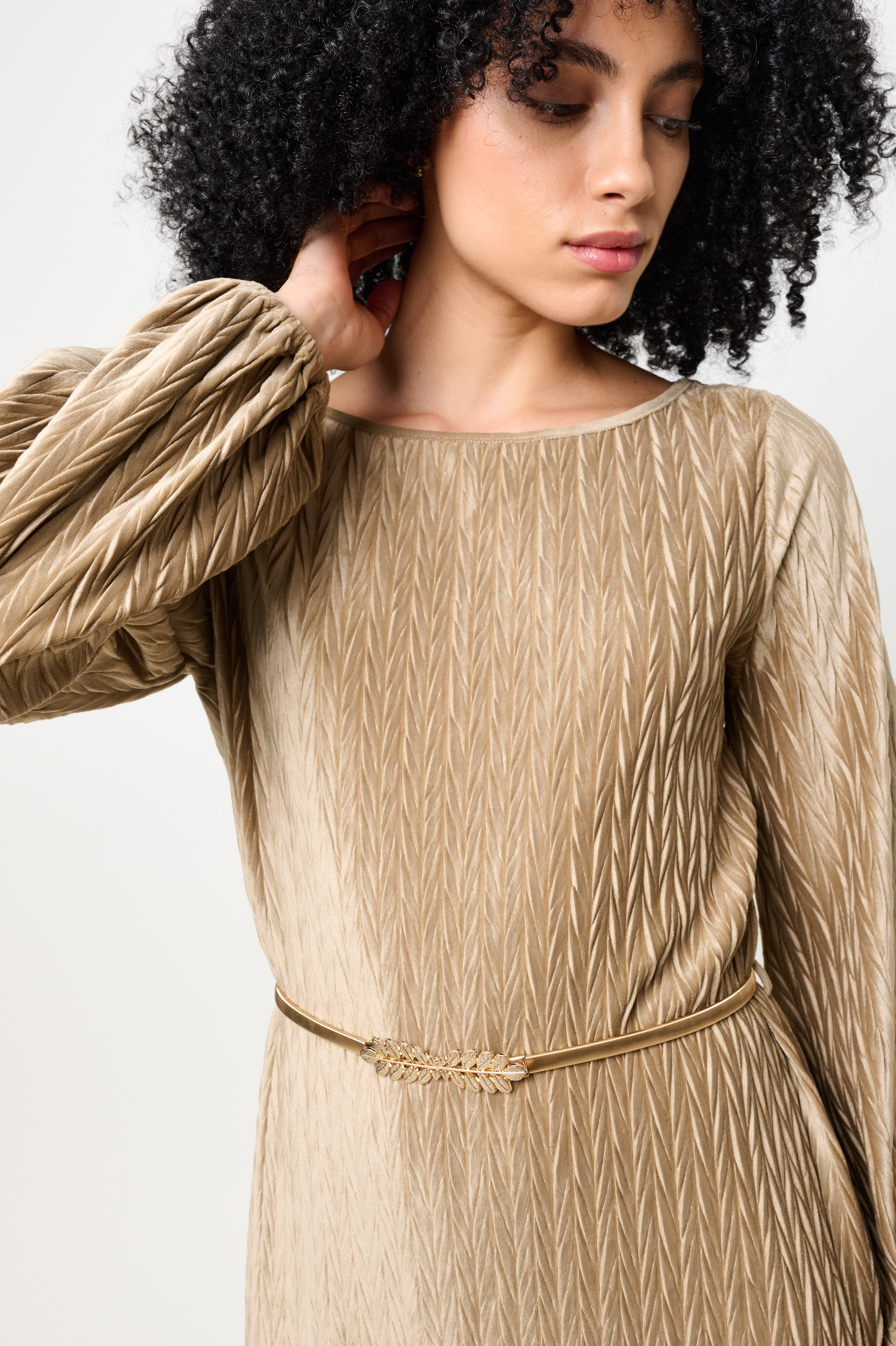 Milene Velvet Pleat Midi Dress - Pale Taupe