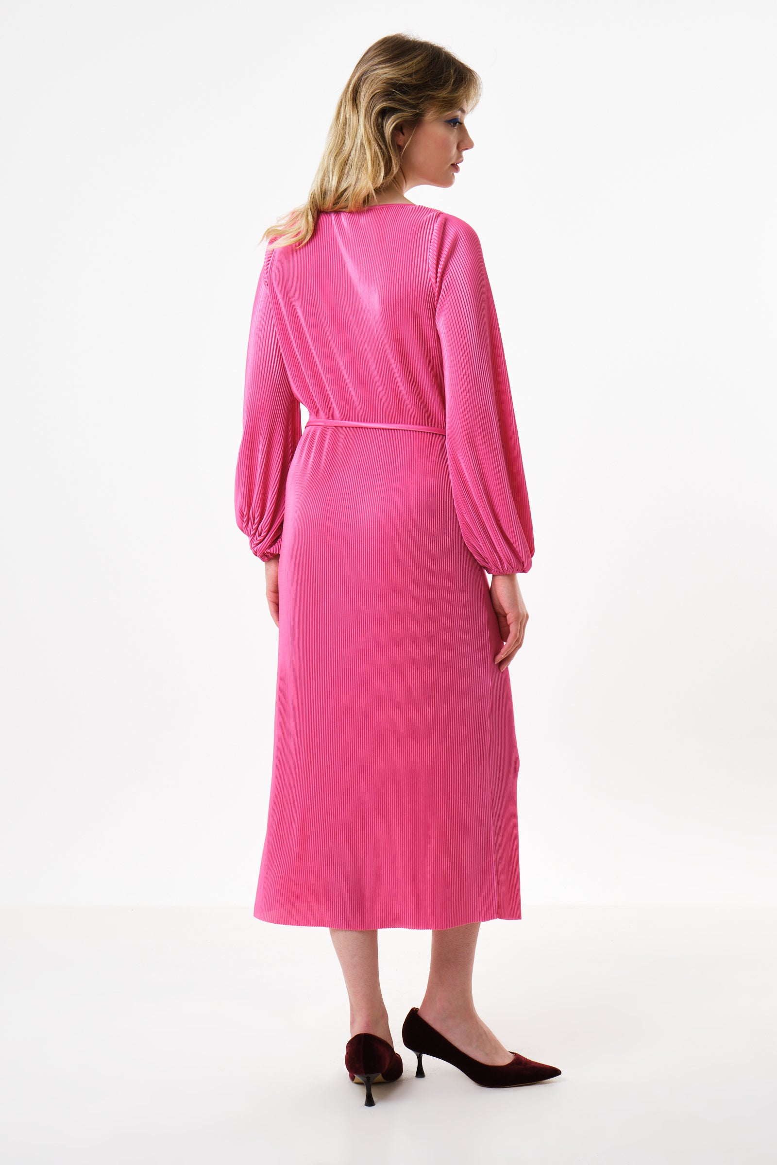 Milene Pleat Long Sleeve Midi Dress - Pink