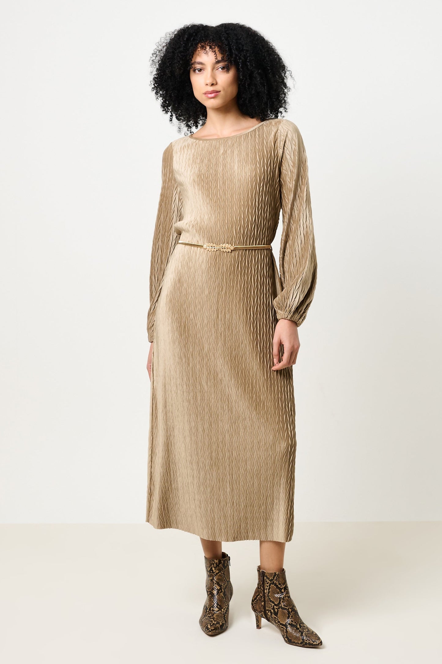 Milene Velvet Pleat Midi Dress - Pale Taupe