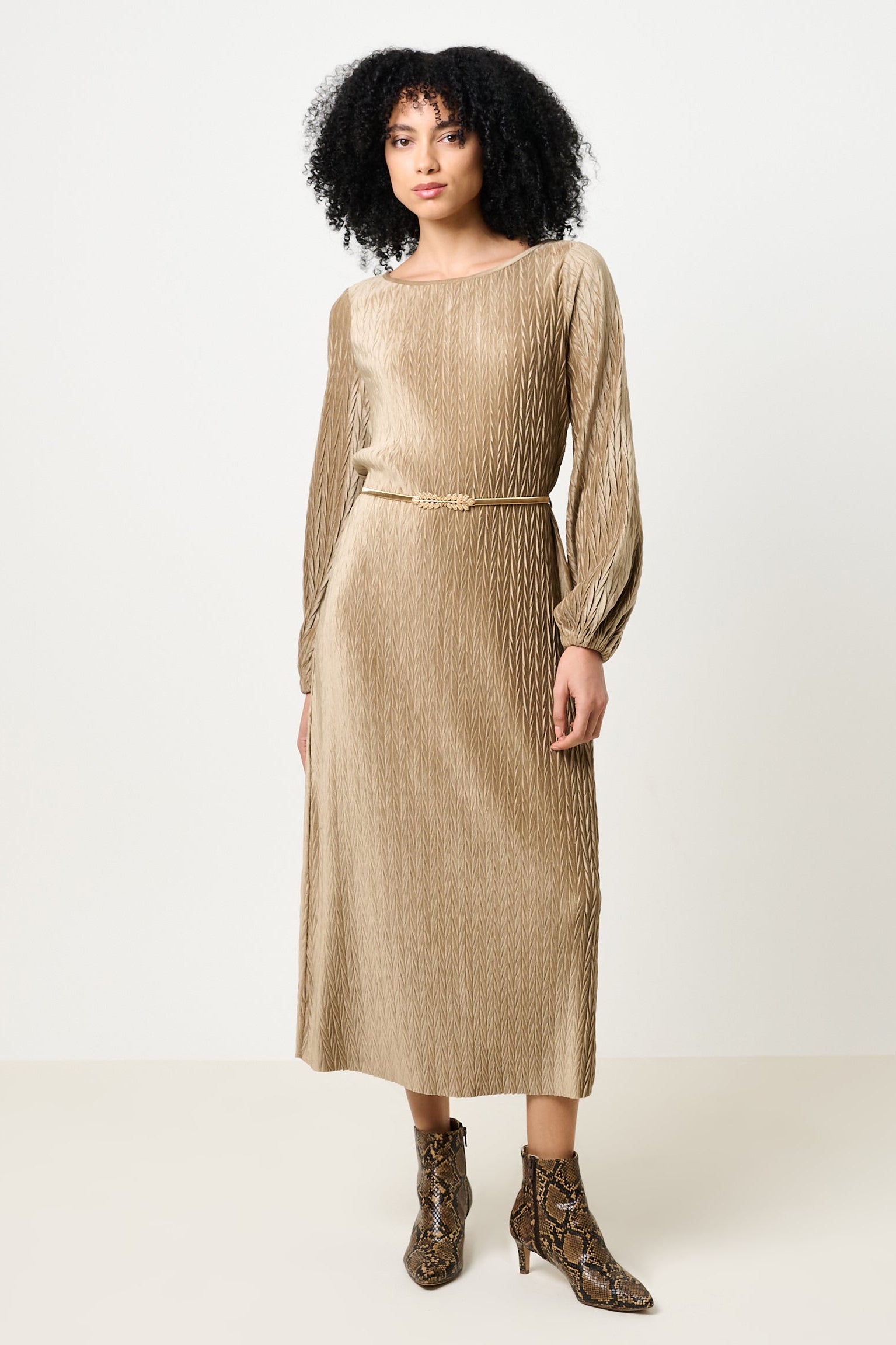 Milene Velvet Pleat Midi Dress - Pale Taupe
