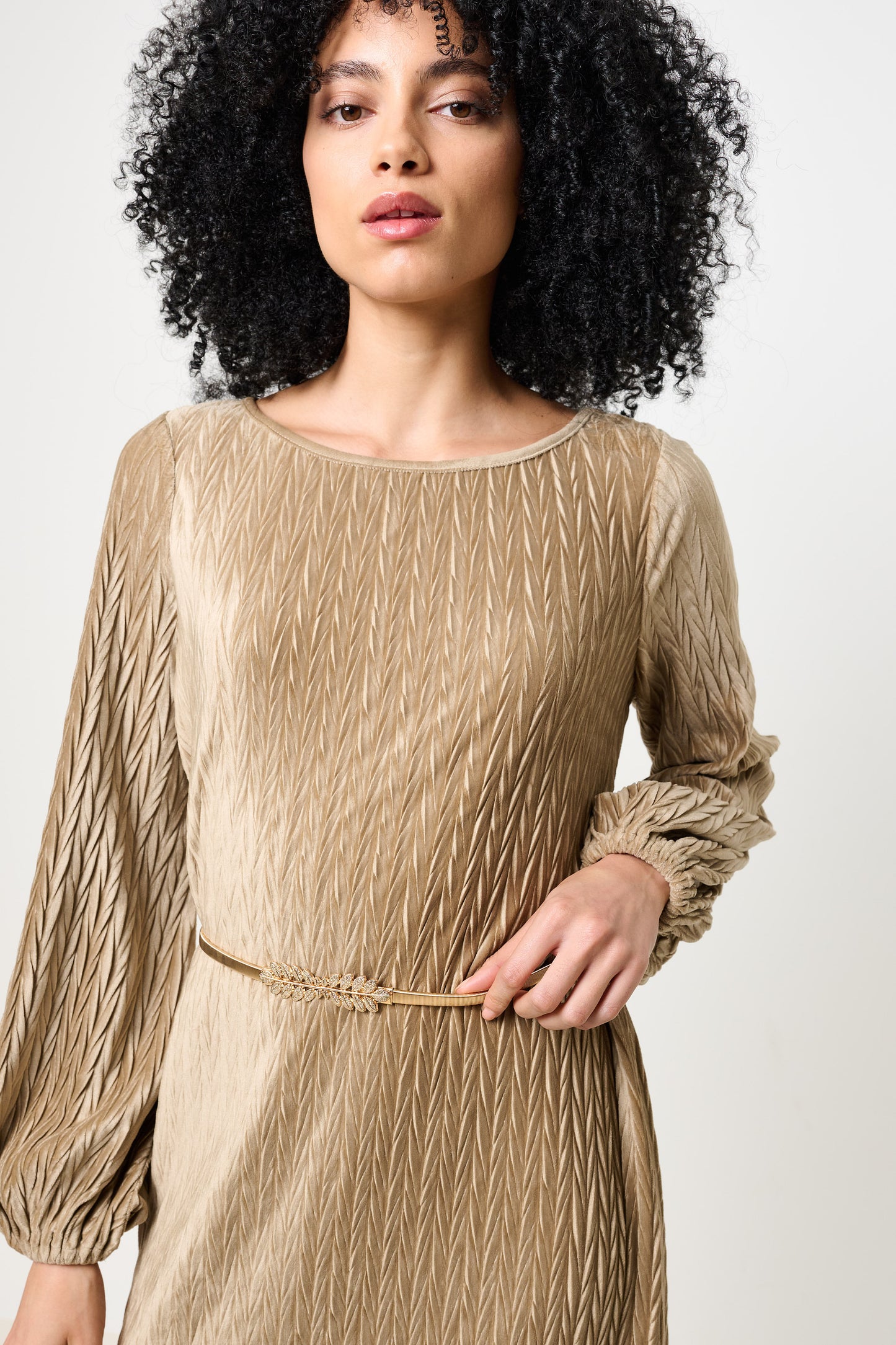 Milene Velvet Pleat Midi Dress - Pale Taupe