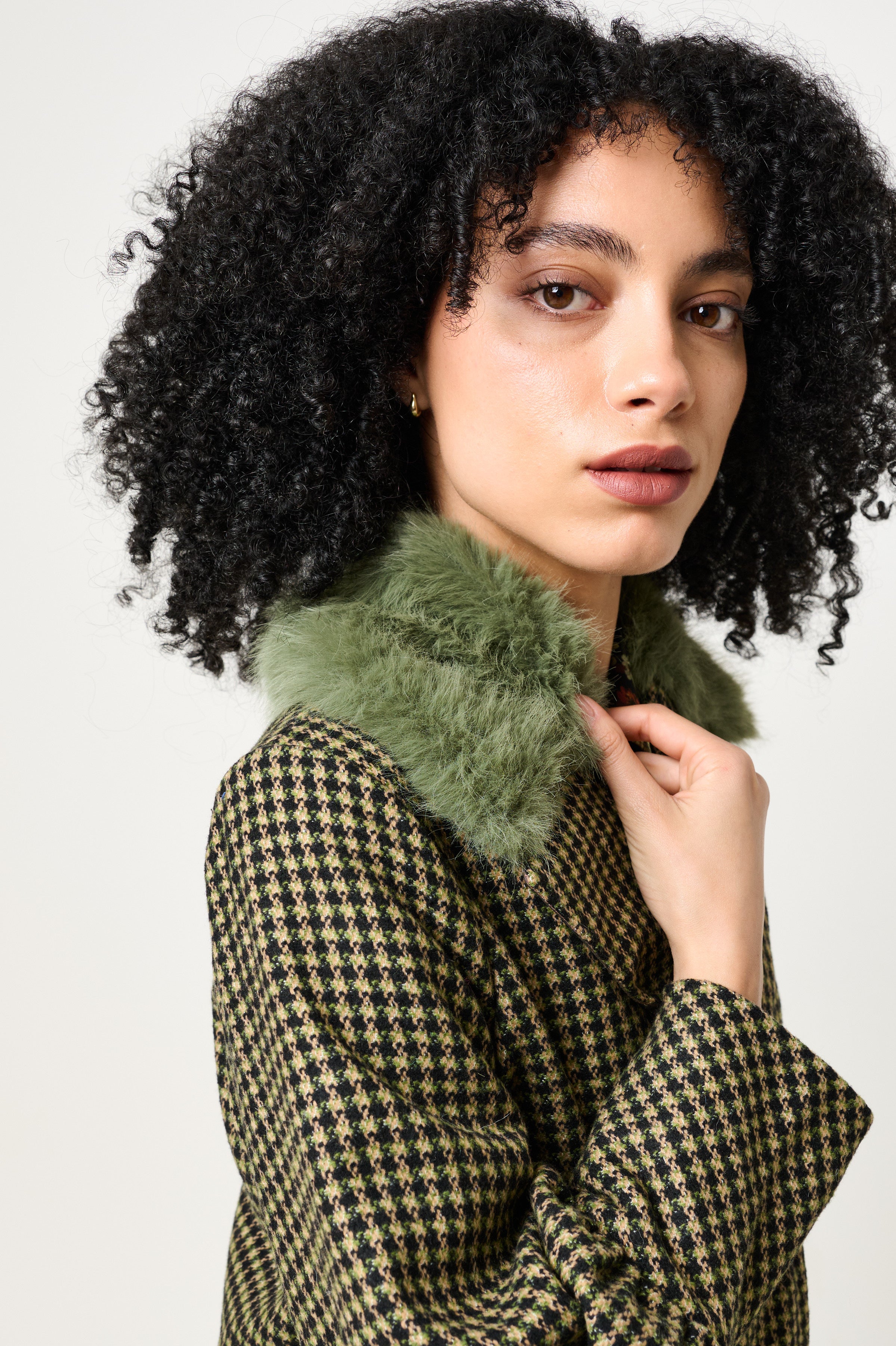 Mischa Burray Fur Collar Statement Sleeve Check Coat - Fern