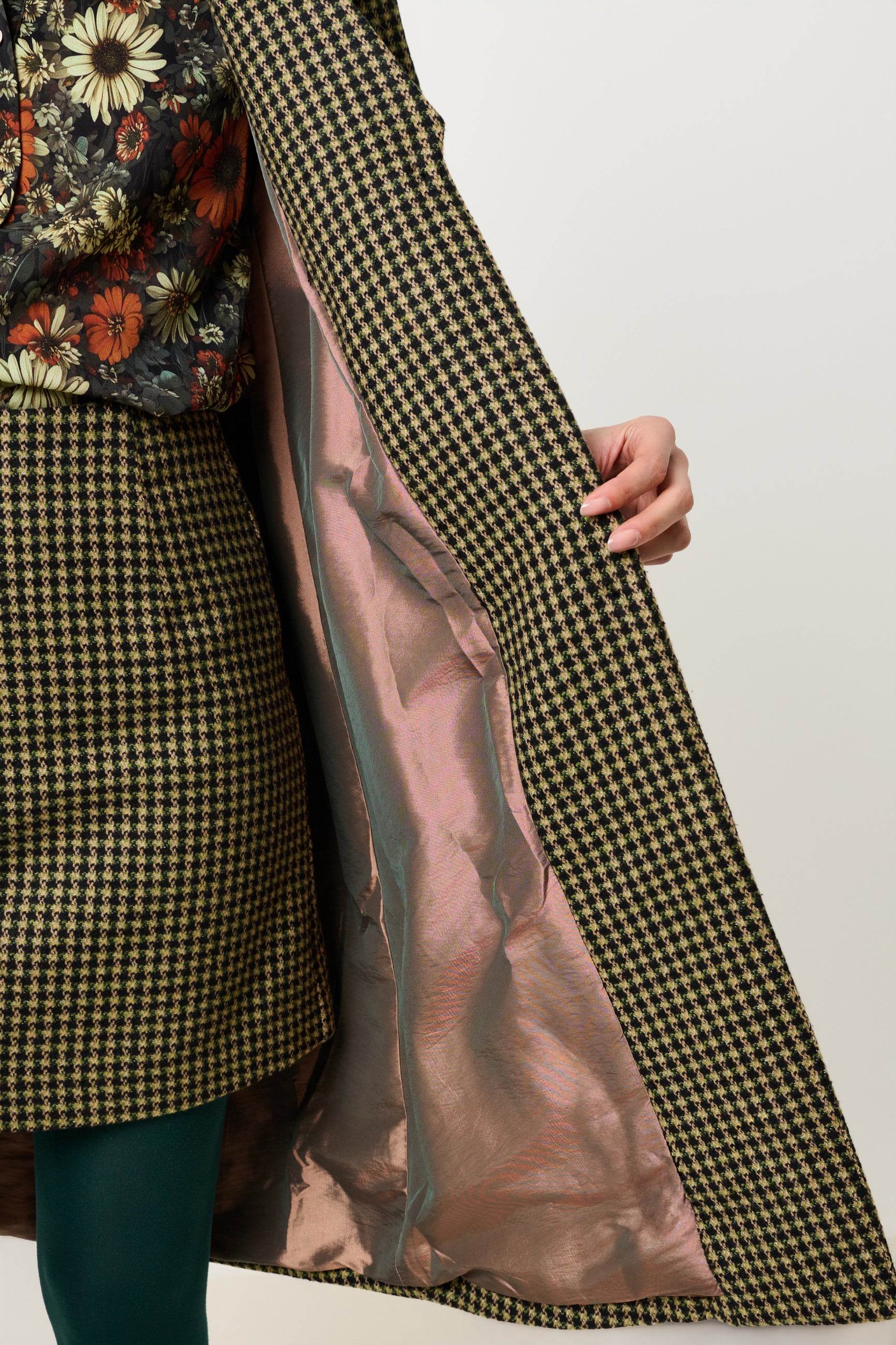 Mischa Burray Fur Collar Statement Sleeve Check Coat - Fern