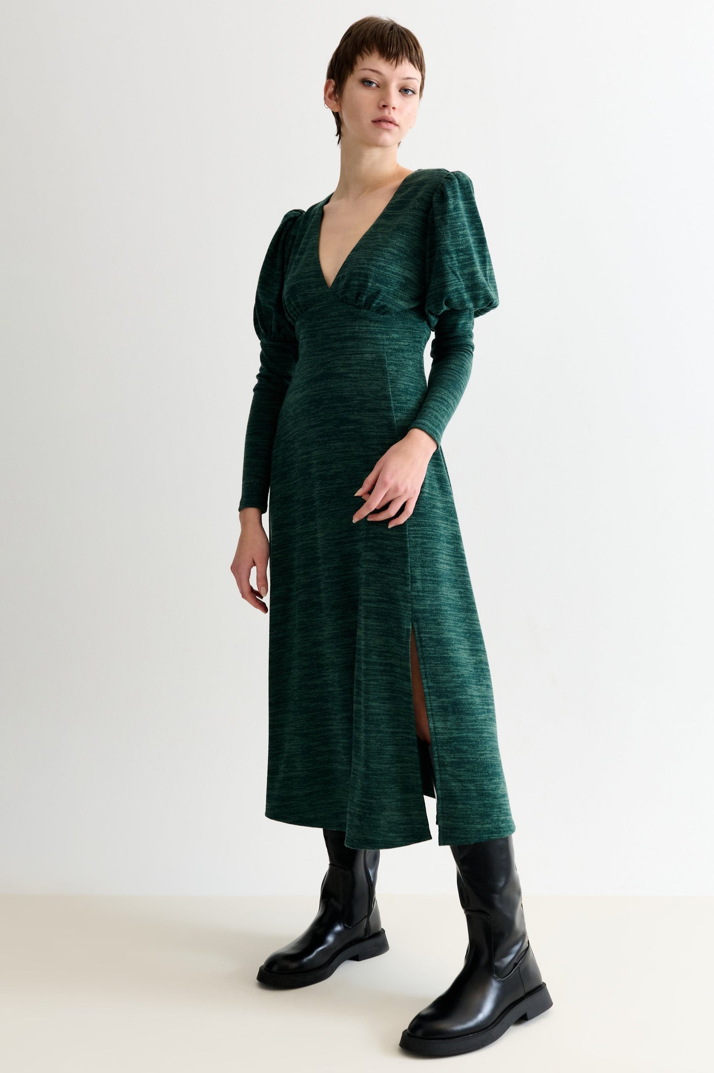 Moa Sustainable Marl Puff Sleeve V Neck Midi Dress - Green