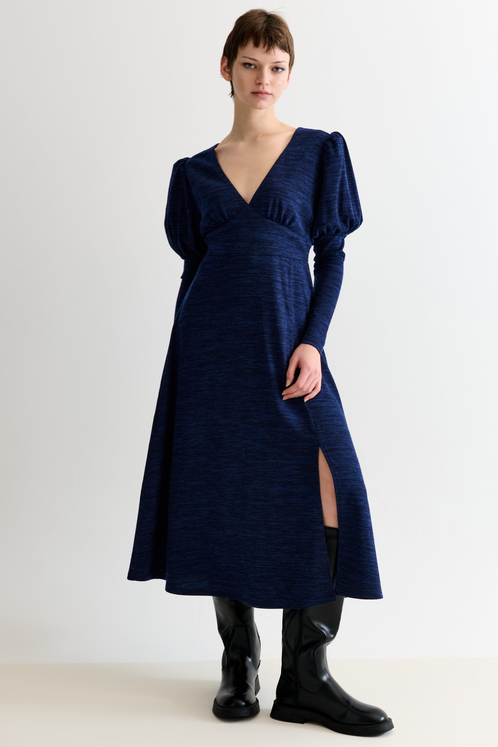 Moa Sustainable Marl Puff Sleeve V Neck Midi Dress - Navy