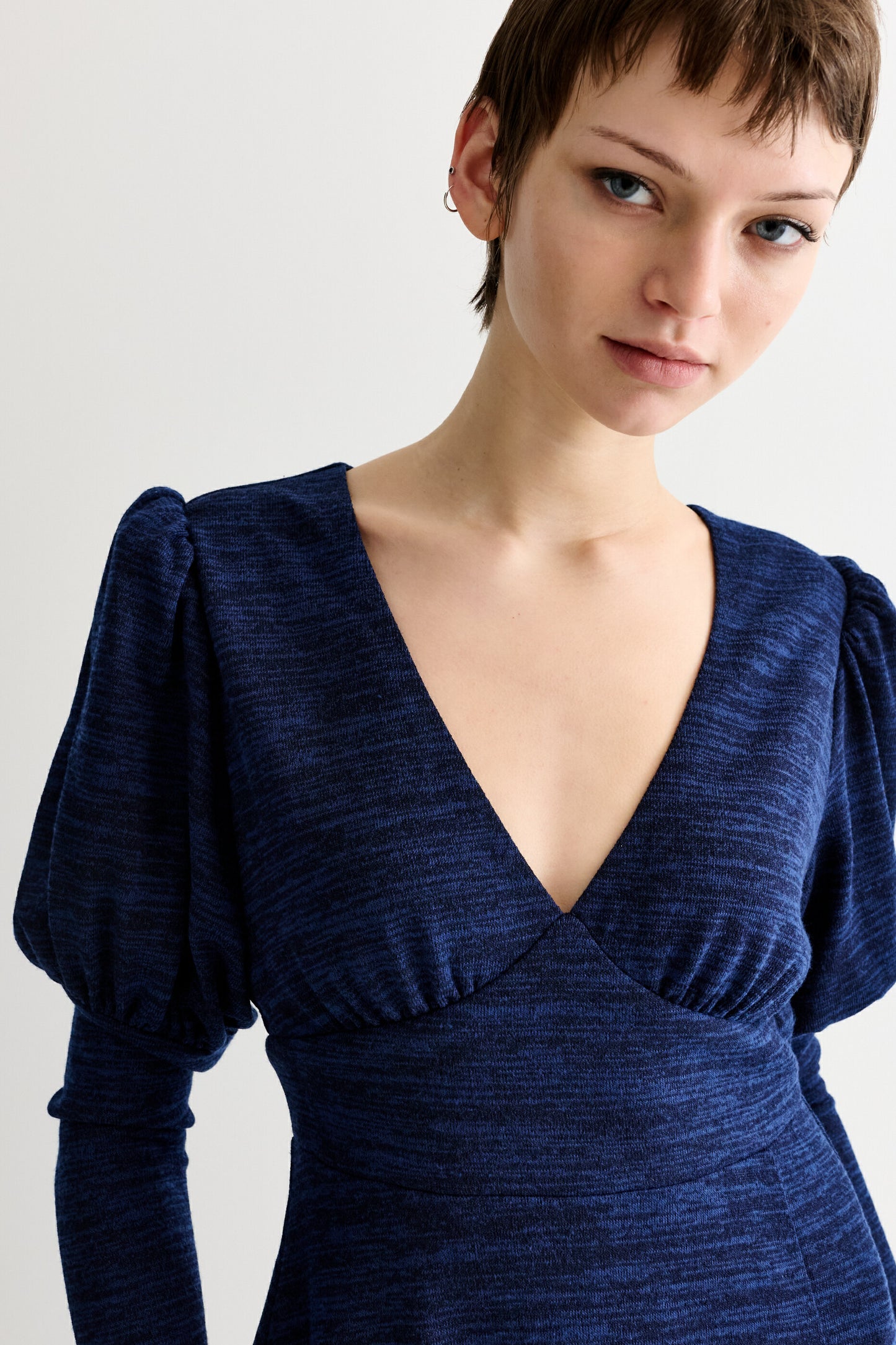 Moa Sustainable Marl Puff Sleeve V Neck Midi Dress - Navy