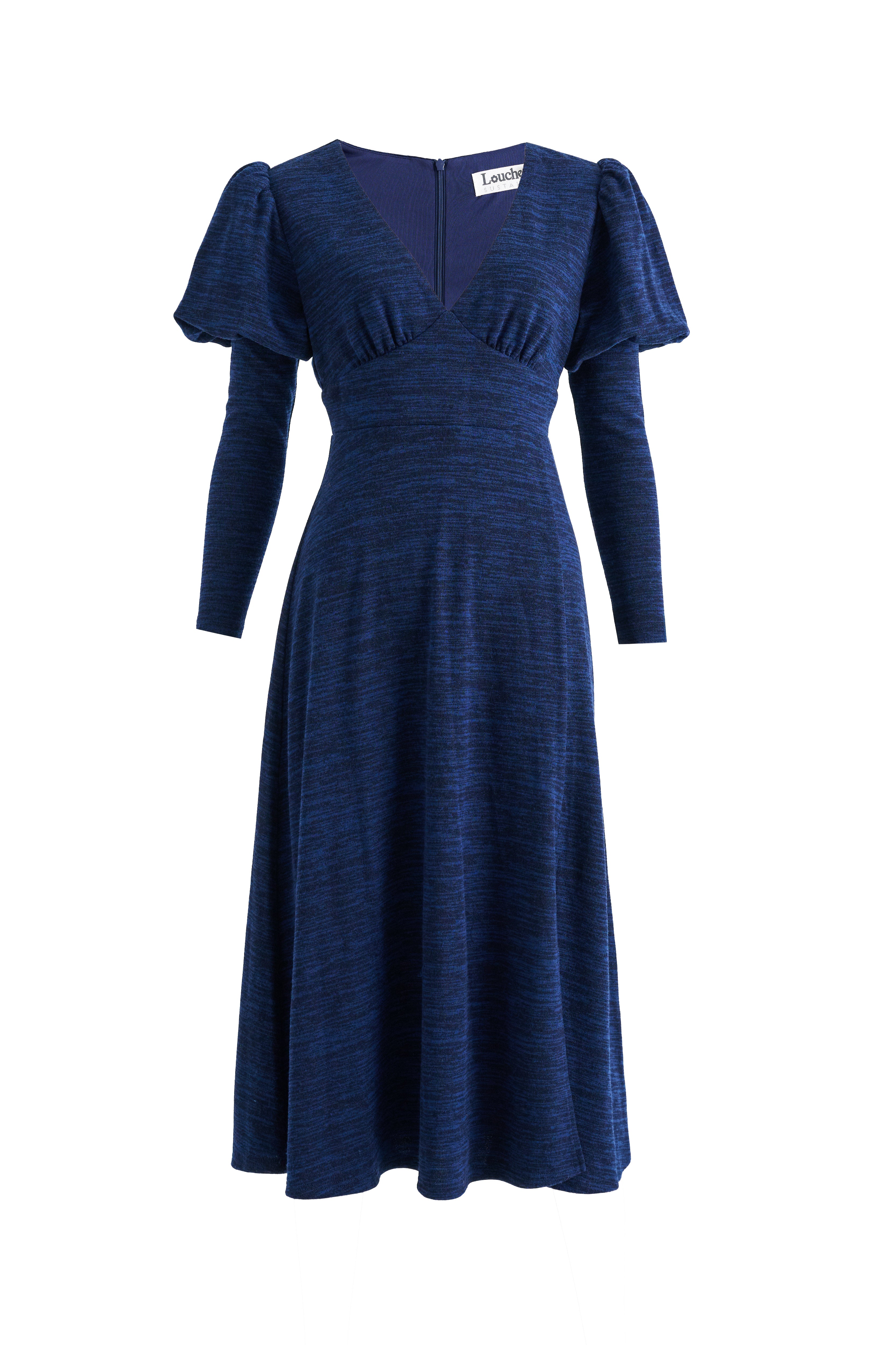 Moa Sustainable Marl Puff Sleeve V Neck Midi Dress - Navy - Styled