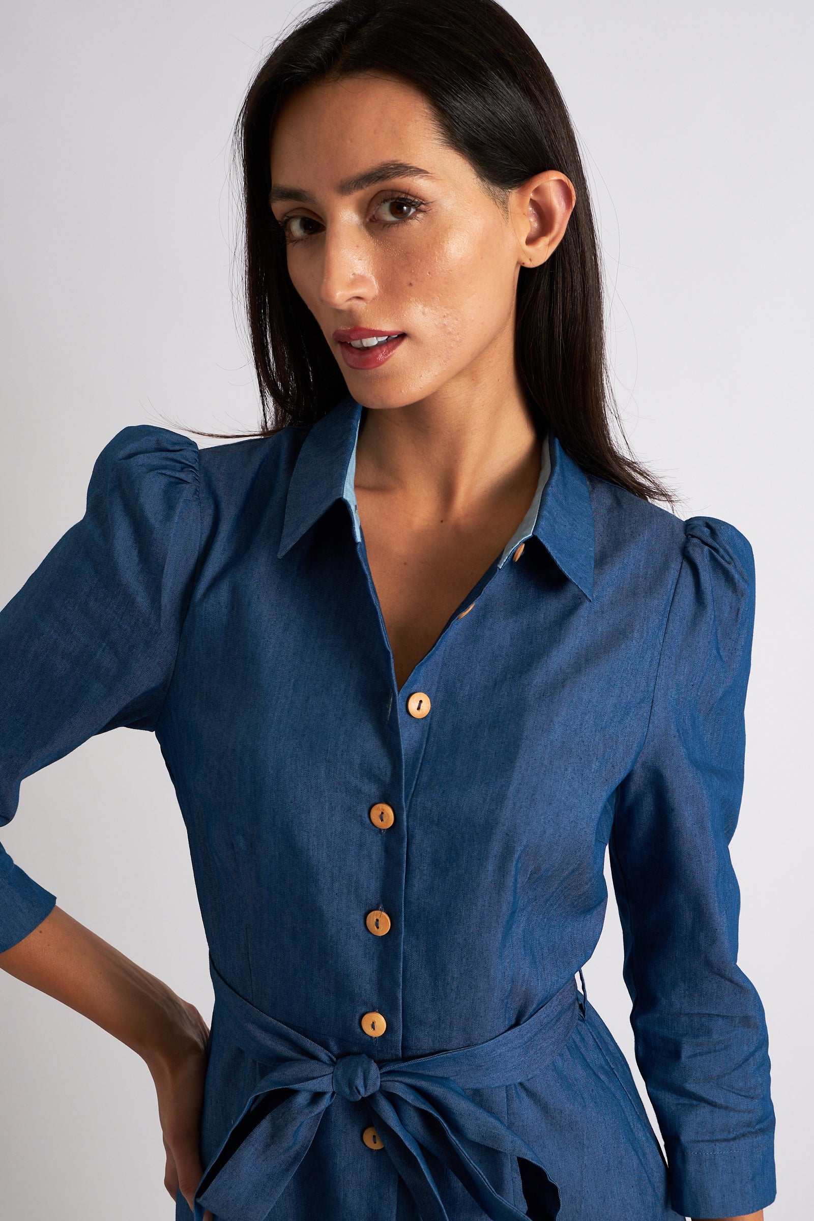 Monick 3 4 Sleeve Chambray Midi Shirt Dress