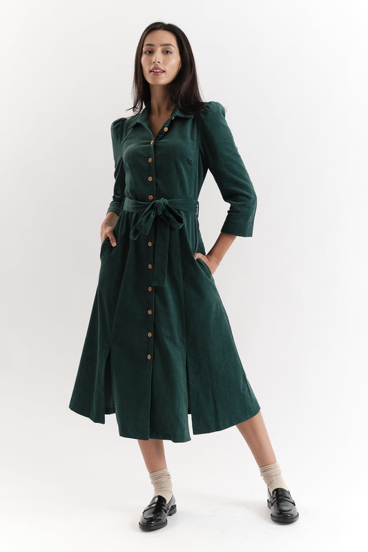 Monick 3/4 Sleeve Cord Midi Shirt Dress - Green